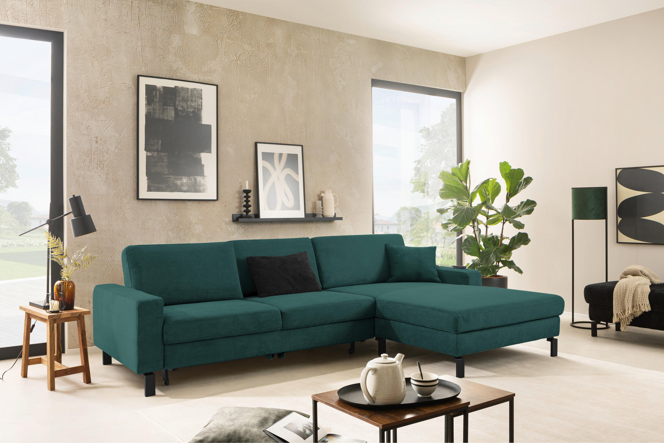 ECKSOFA in Cord Dunkelgrün  - Dunkelgrün/Schwarz, Design, Textil/Metall (298/185-209cm) - Pure Home Lifestyle