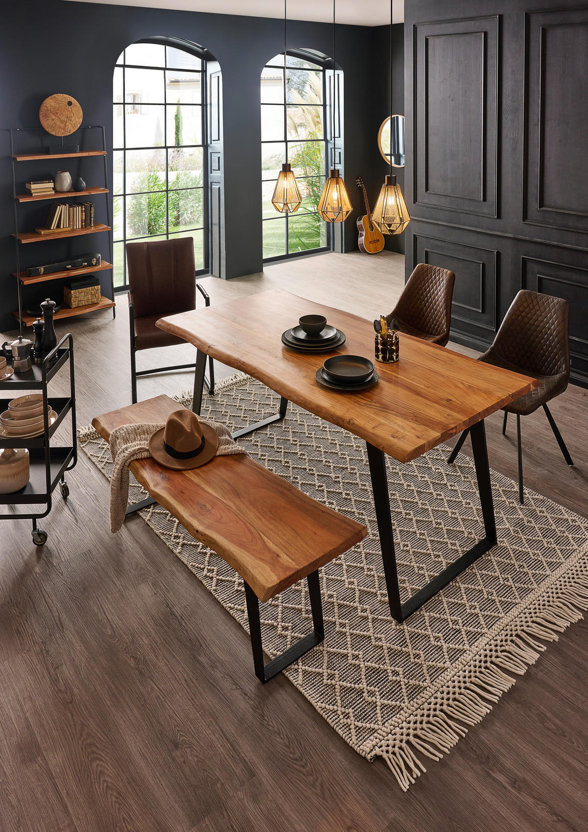 ESSTISCH in Holz, Metall 175/90/76 cm   - Schwarz/Akaziefarben, KONVENTIONELL, Holz/Metall (175/90/76cm) - Ambia Home