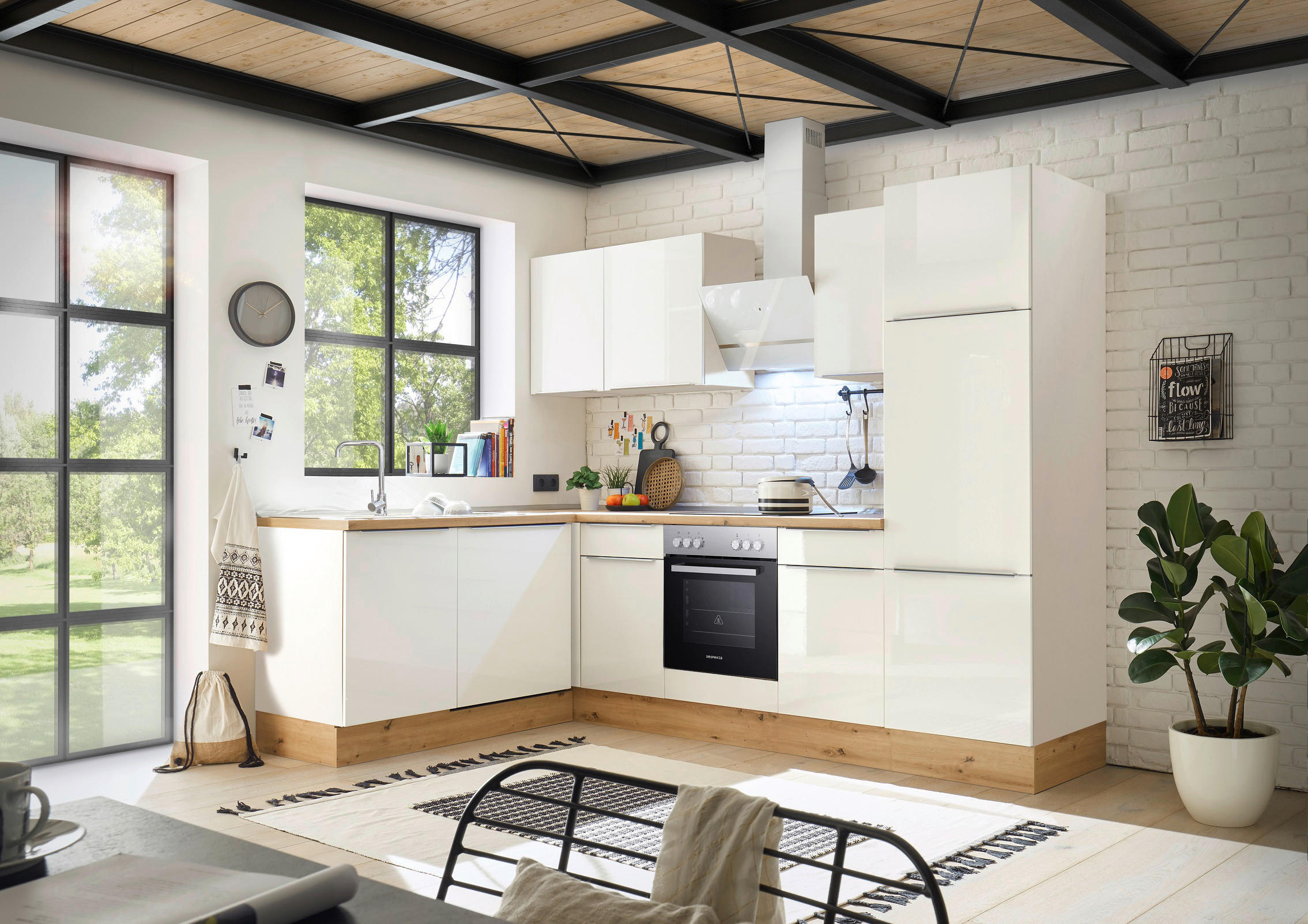 HÖRNKÖK 170/280 cm i vit, vit högglans - vit/aluminiumfärg, Lifestyle, trämaterial/plast (170/280cm) - Respekta