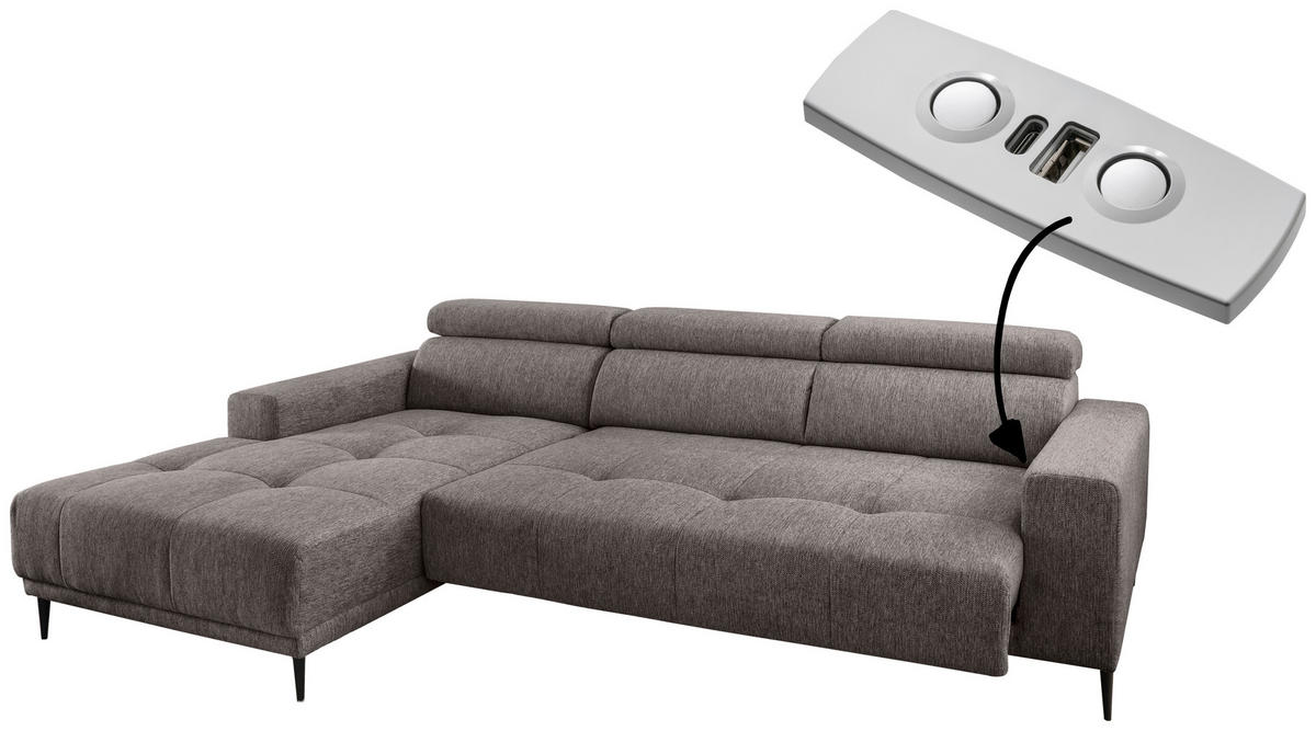 ECKSOFA Graubraun Chenille  - Graubraun/Schwarz, KONVENTIONELL, Textil/Metall (188/276cm) - Livetastic