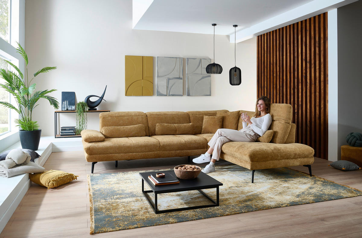 ECKSOFA Beldomo System Dunkelgelb Chenille Rücken echt, Kopfteilverstellung  - Dunkelgelb/Schwarz, Design, Textil/Metall (311/235cm) - Beldomo System