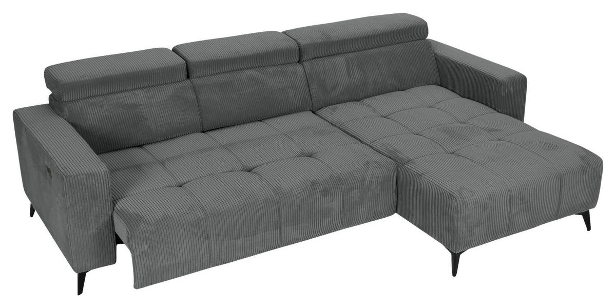 ECKSOFA Dunkelgrau Cord Rücken echt, Kopfteilverstellung, Sitzvorzug  - Dunkelgrau/Schwarz, KONVENTIONELL, Textil/Metall (257/170cm) - Carryhome