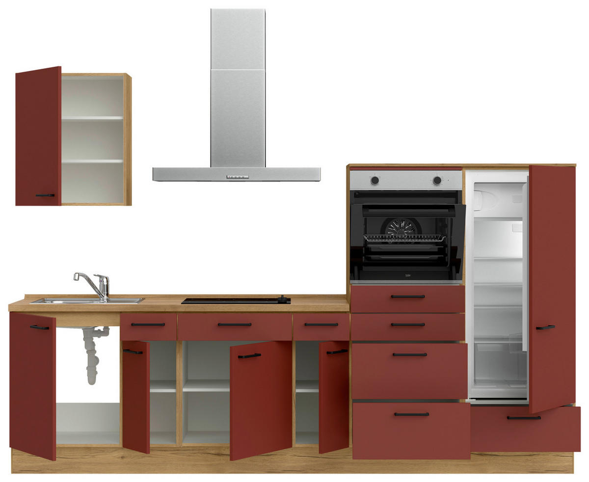 KÜCHENLEERBLOCK 300 cm   in Rot, Eichefarben  - Eichefarben/Rot, MODERN, Holzwerkstoff/Metall (300cm) - Nobilia