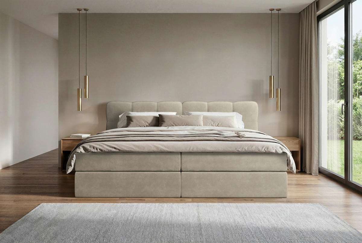 BOXBETT 240/200 cm,  in Hellbraun, Matratze, Bettkasten, Topper, H3 = fest  - Hellbraun/Schwarz, KONVENTIONELL, Kunststoff/Textil (240/200cm) - Chameo