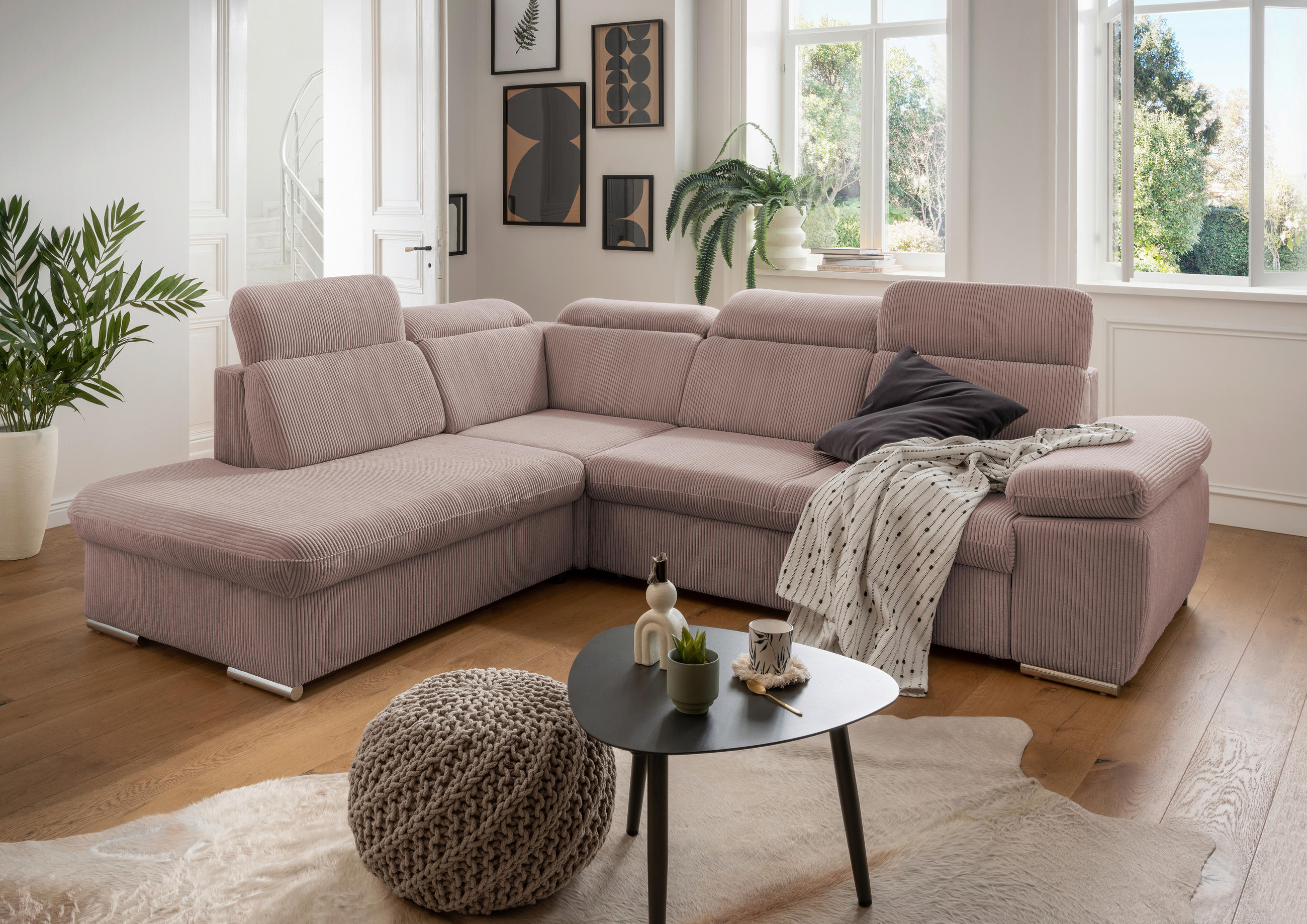 ECKSOFA in Cord Rosa  - Chromfarben/Rosa, Design, Textil/Metall (228/283cm) - Livetastic
