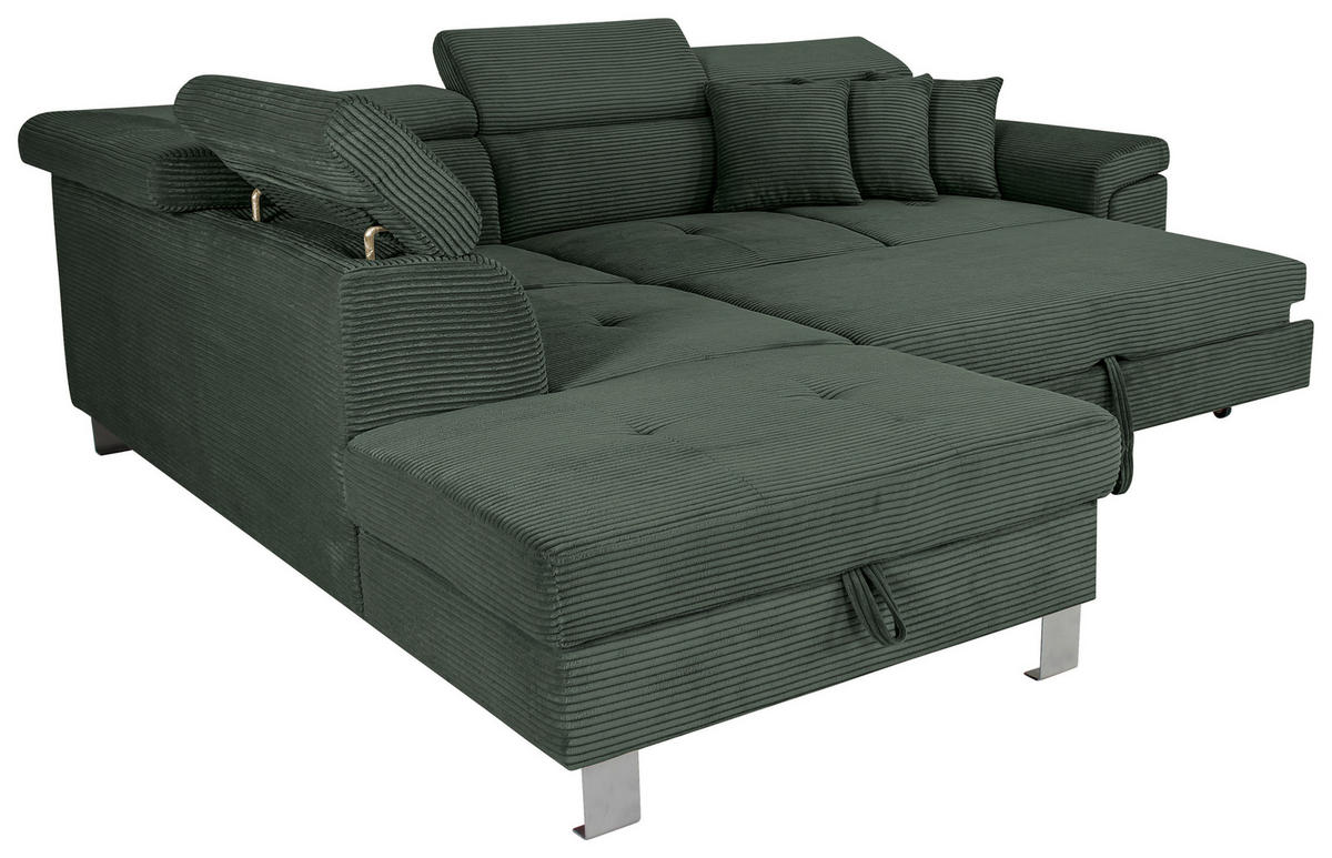 ECKSOFA inkl. Funktionen Waldgrün Cord  - Waldgrün/Silberfarben, Design, Textil/Metall (226/257cm) - Xora