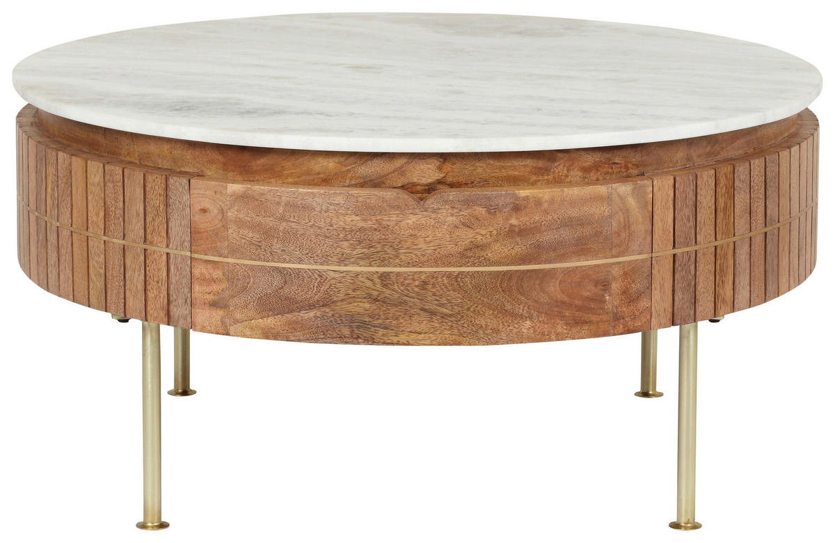 COUCHTISCH Marmor Mangoholz massiv 85/45/85 cm rund Goldfarben, Naturfarben  - Goldfarben/Naturfarben, Design, Holz/Stein (85/45/85cm) - Novel