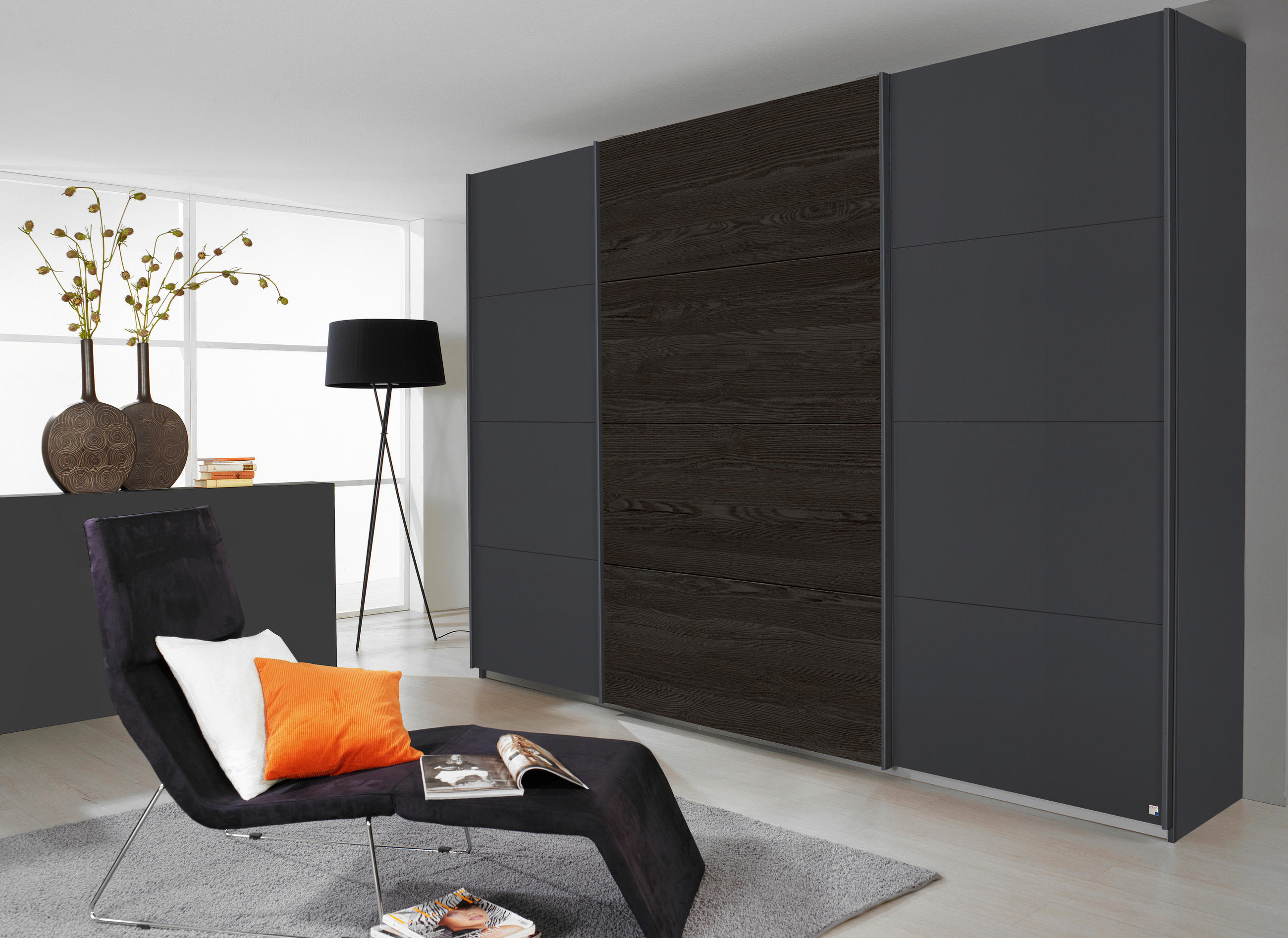 SCHWEBETÜRENSCHRANK 315/210/62 cm 3-türig Grau, Schwarz  - Schwarz/Grau, MODERN, Holzwerkstoff/Metall (315/210/62cm) - Rauch Möbel