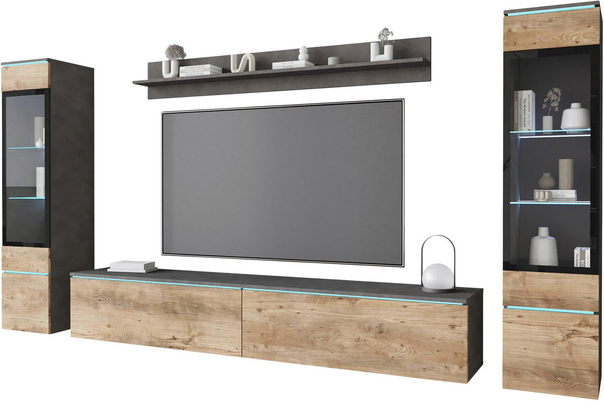 WOHNWAND Vera 4-teilig  in Anthrazit, Kastanieneichefarben  240/130/33 cm  - Kastanieneichefarben/Anthrazit, Trend, Glas/Holzwerkstoff (240/130/33cm)