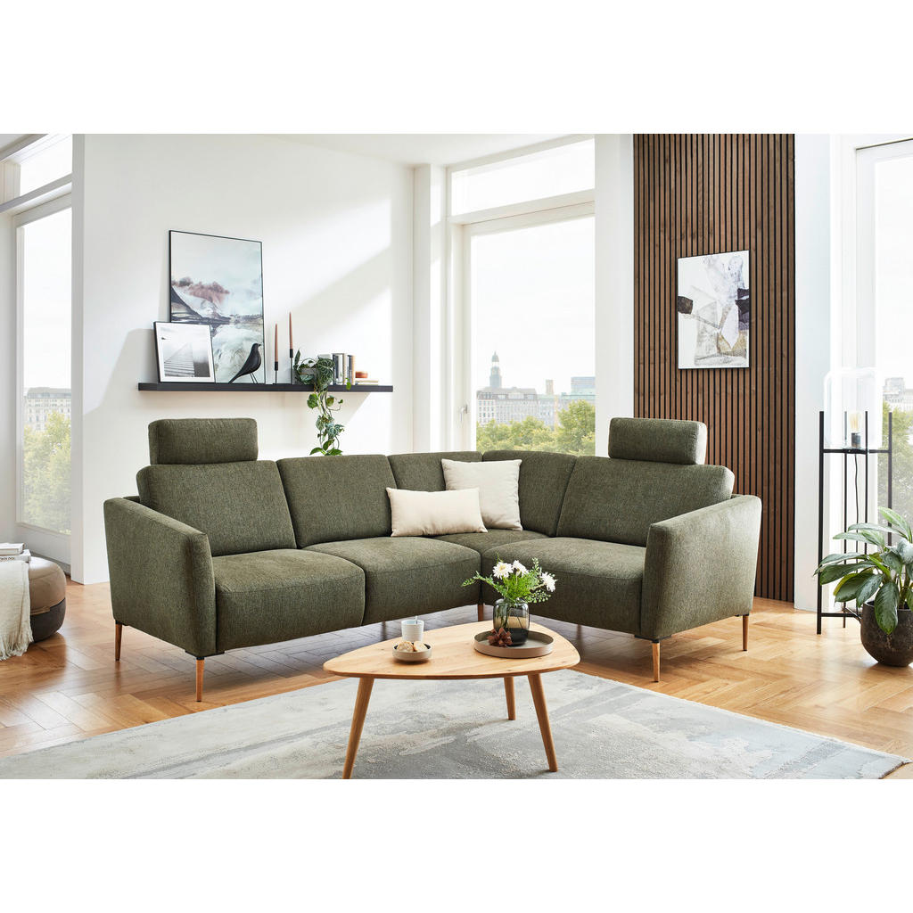 Thumbnail - Valnatura Ecksofa, Olivgrün, Textil, Eiche, massiv, 4-Sitzer, Ottomane rechts, L-Form, 238x186 cm, Goldenes M, erweiterb...