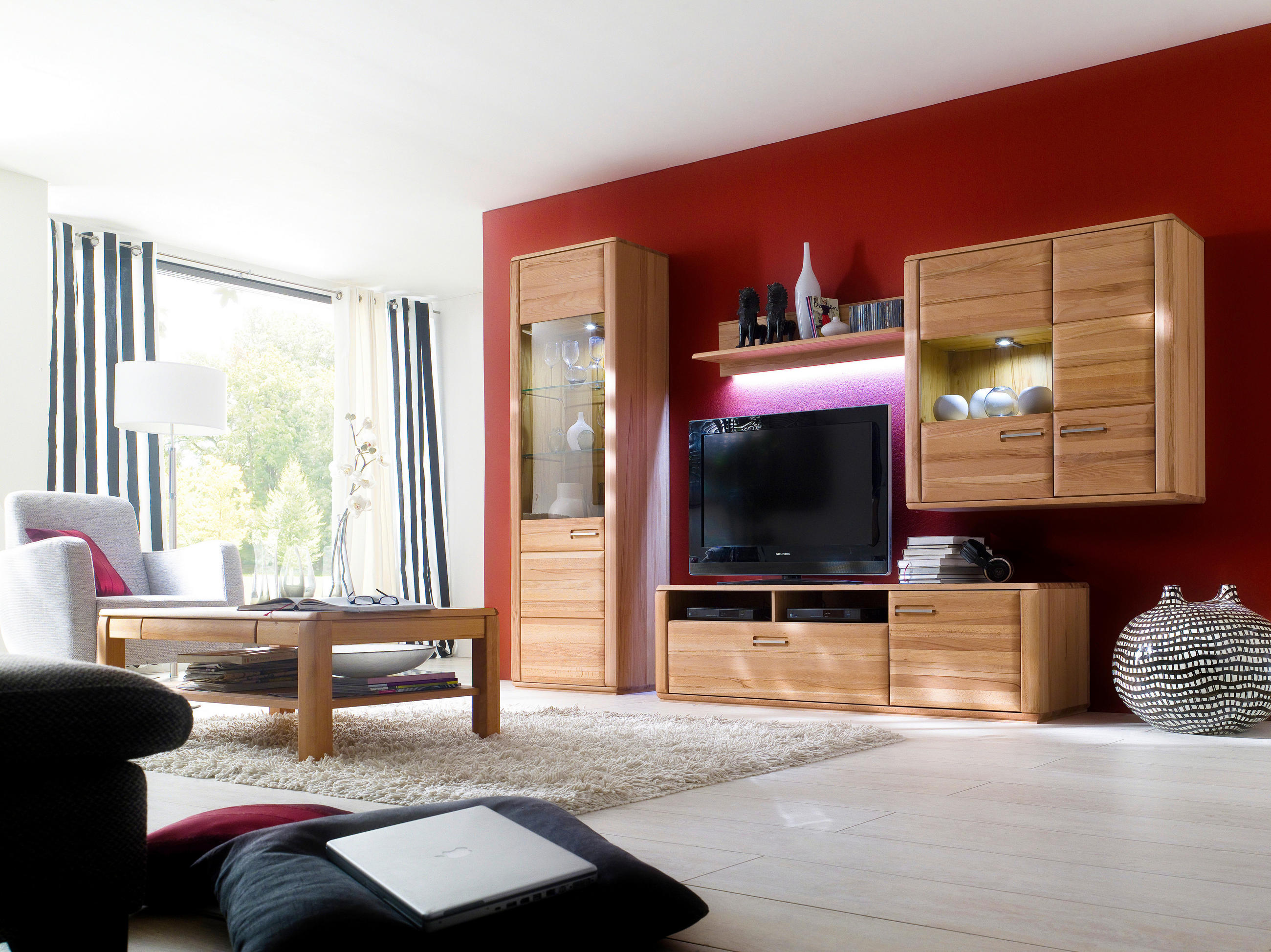 WOHNWAND La Paz  in Buchefarben  303/209/51 cm  - Silberfarben/Buchefarben, Design, Glas/Holz (303/209/51cm) - Livetastic