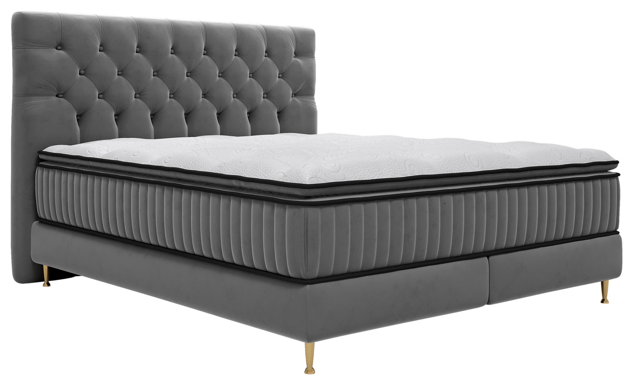 BOXSPRINGBETT 180/200 cm,  in Grau, Matratze, gepolstertes Kopfteil, Topper, H3 = fest  - Goldfarben/Grau, Design, Textil/Metall (180/200cm) - Boxxx