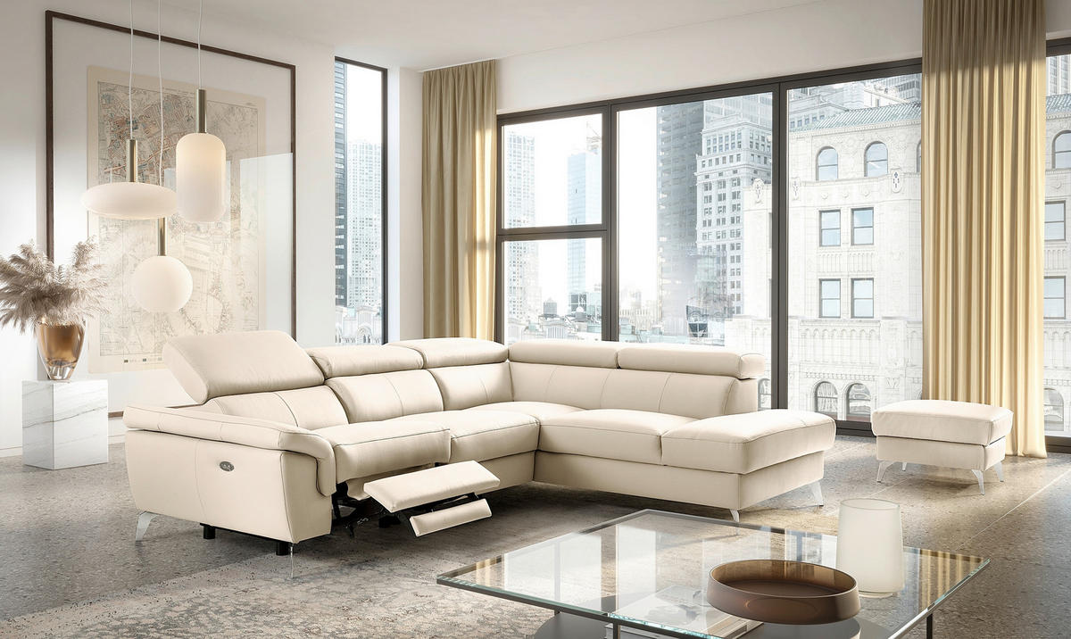 ECKSOFA SONO in Lederlook Echtleder Grau Bettkasten, Armteilverstellung, Kopfteilverstellung  265/210 cm  - Chromfarben/Grau, Design, Leder/Textil (265/210cm) - Livetastic