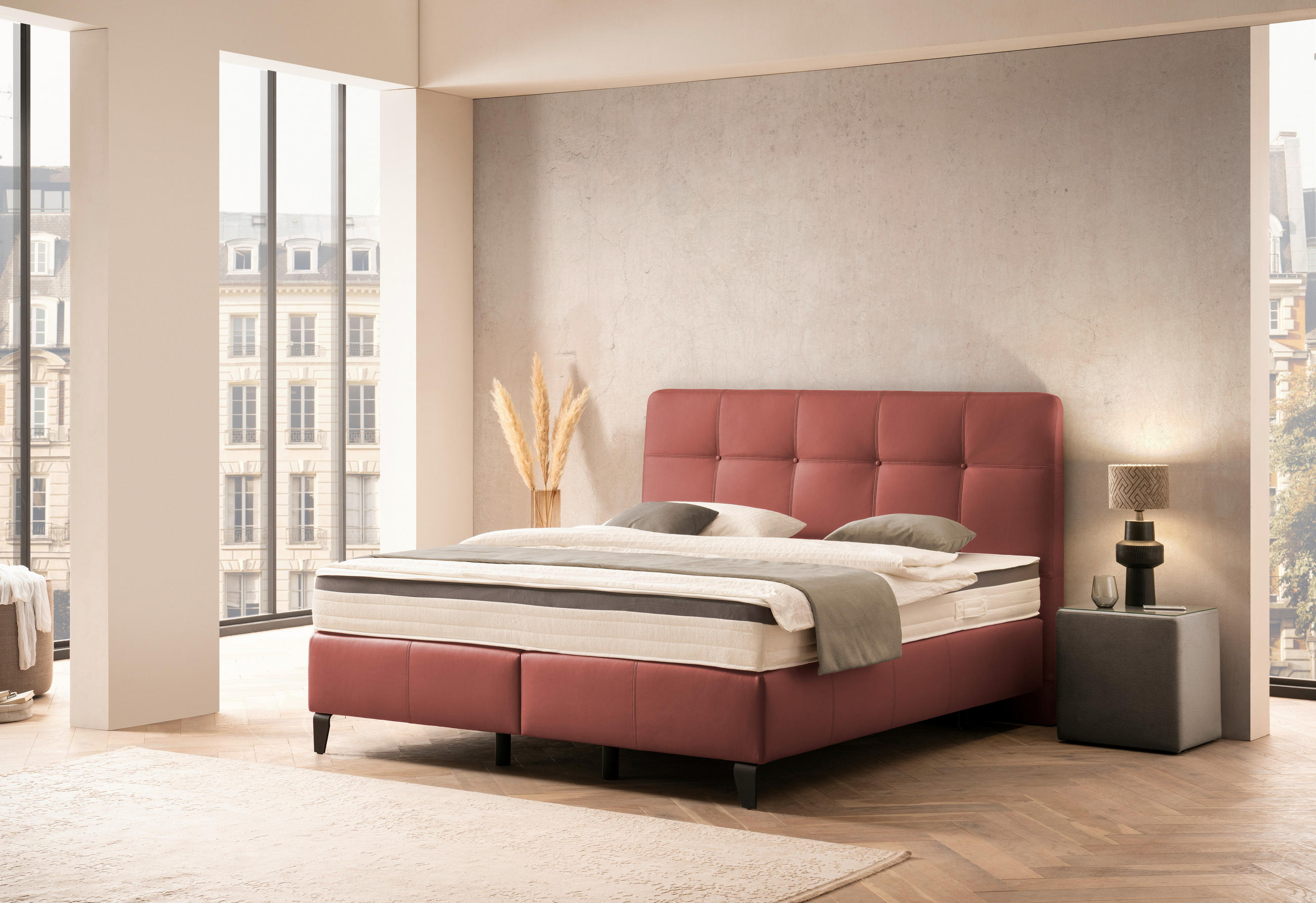 BOXSPRINGBETT 160/200 cm  in Bordeaux  - Chromfarben/Bordeaux, Basics, Leder/Holz (160/200cm) - Novel