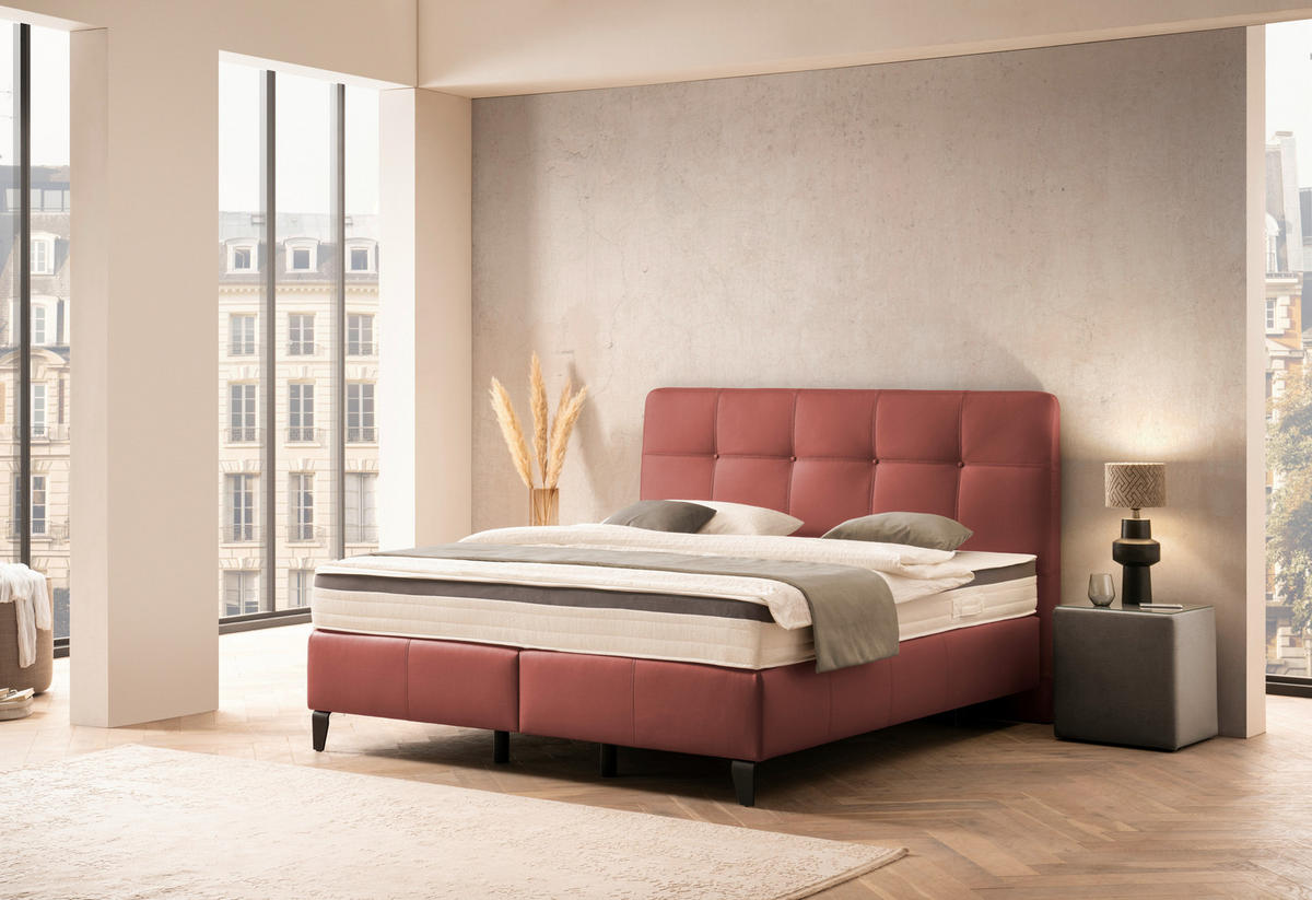 BOXSPRINGBETT 200/200 cm  in Bordeaux  - Chromfarben/Bordeaux, Basics, Leder/Holz (200/200cm) - Novel