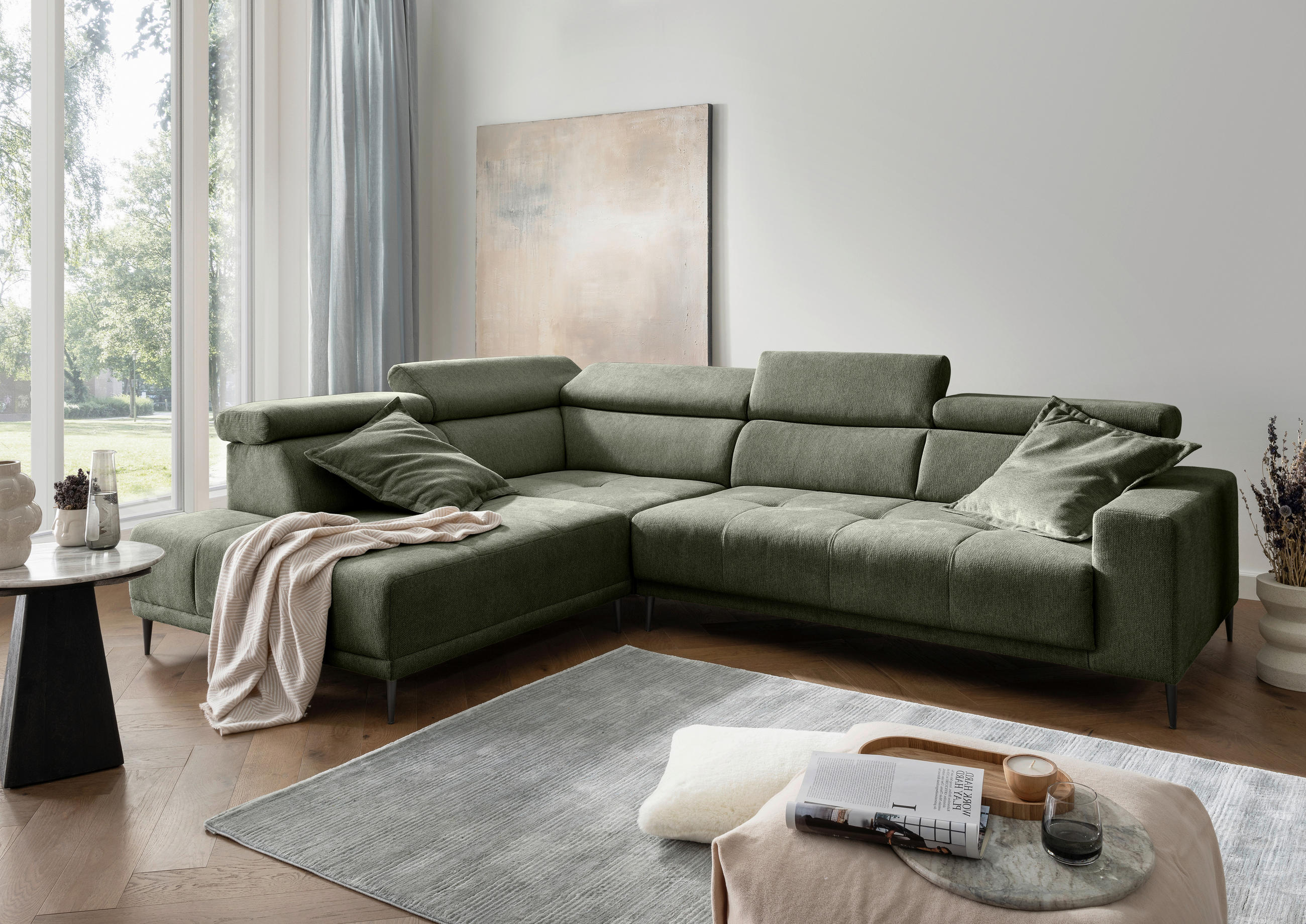 ECKSOFA Chenille Dunkelgrün  - Dunkelgrün/Schwarz, Konventionell, Textil/Metall (225/305cm) - Livetastic