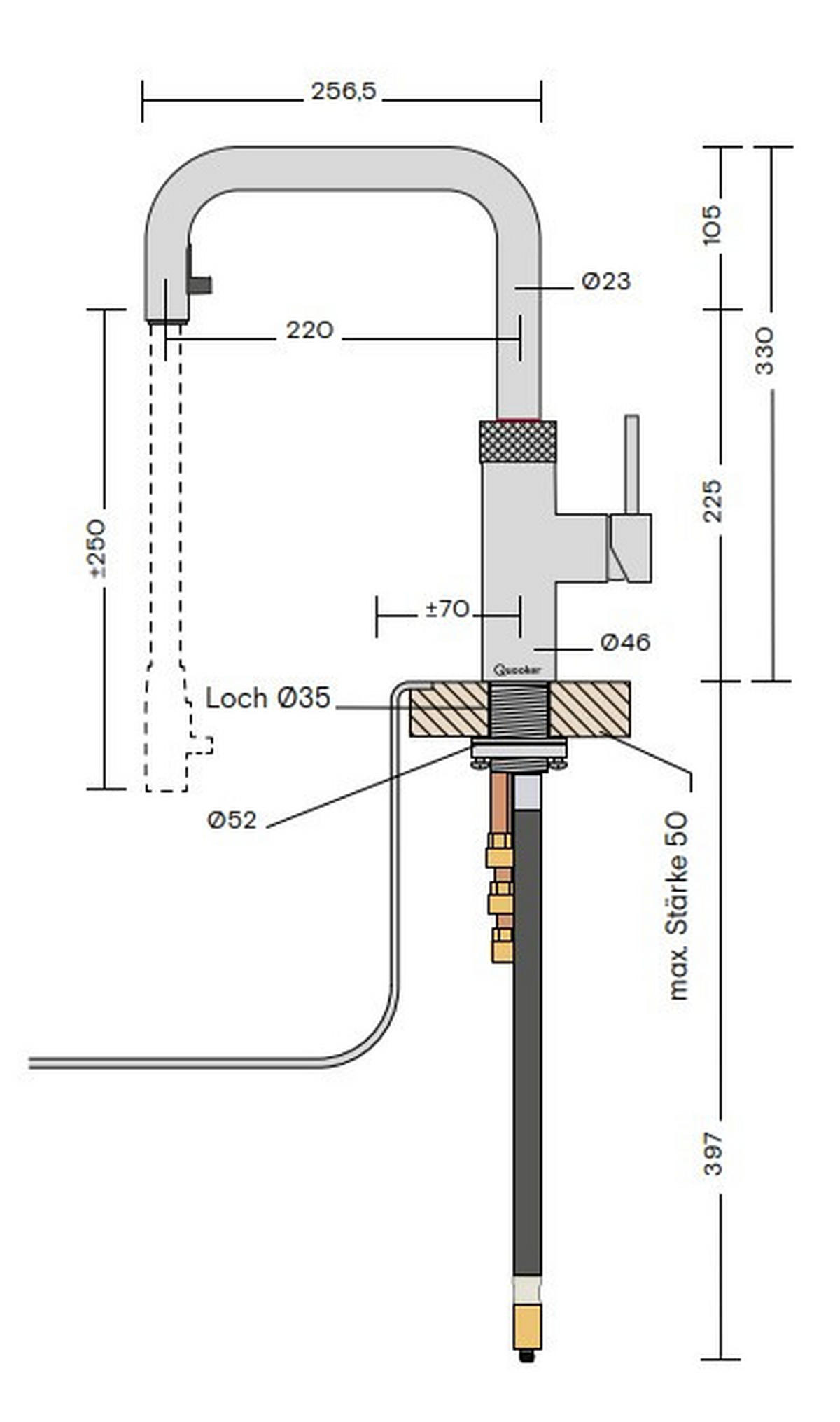 KÜCHENARMATUR Flex Square  - Messingfarben, Basics, Metall (4/33/25,6cm) - Quooker