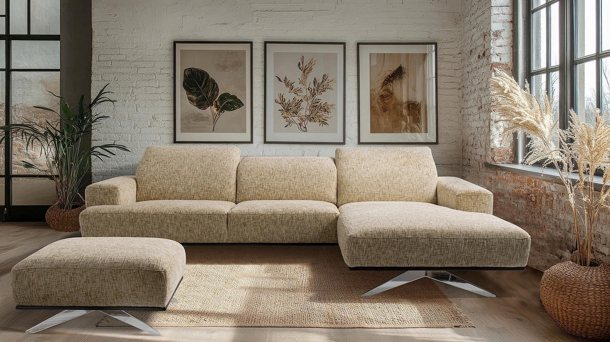 ECKSOFA PORTLAND Hellbraun Struktur Kopfteilverstellung  - Chromfarben/Hellbraun, Design, Holz/Textil (295/187cm) - Livetastic