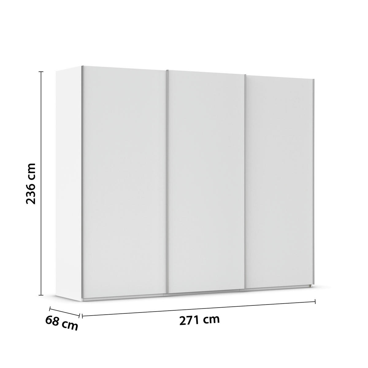SCHWEBETÜRENSCHRANK 271/236/68 cm 3-türig Weiß, Weiß Hochglanz  - Weiß Hochglanz/Alufarben, Basics, Holzwerkstoff/Metall (271/236/68cm) - Novel