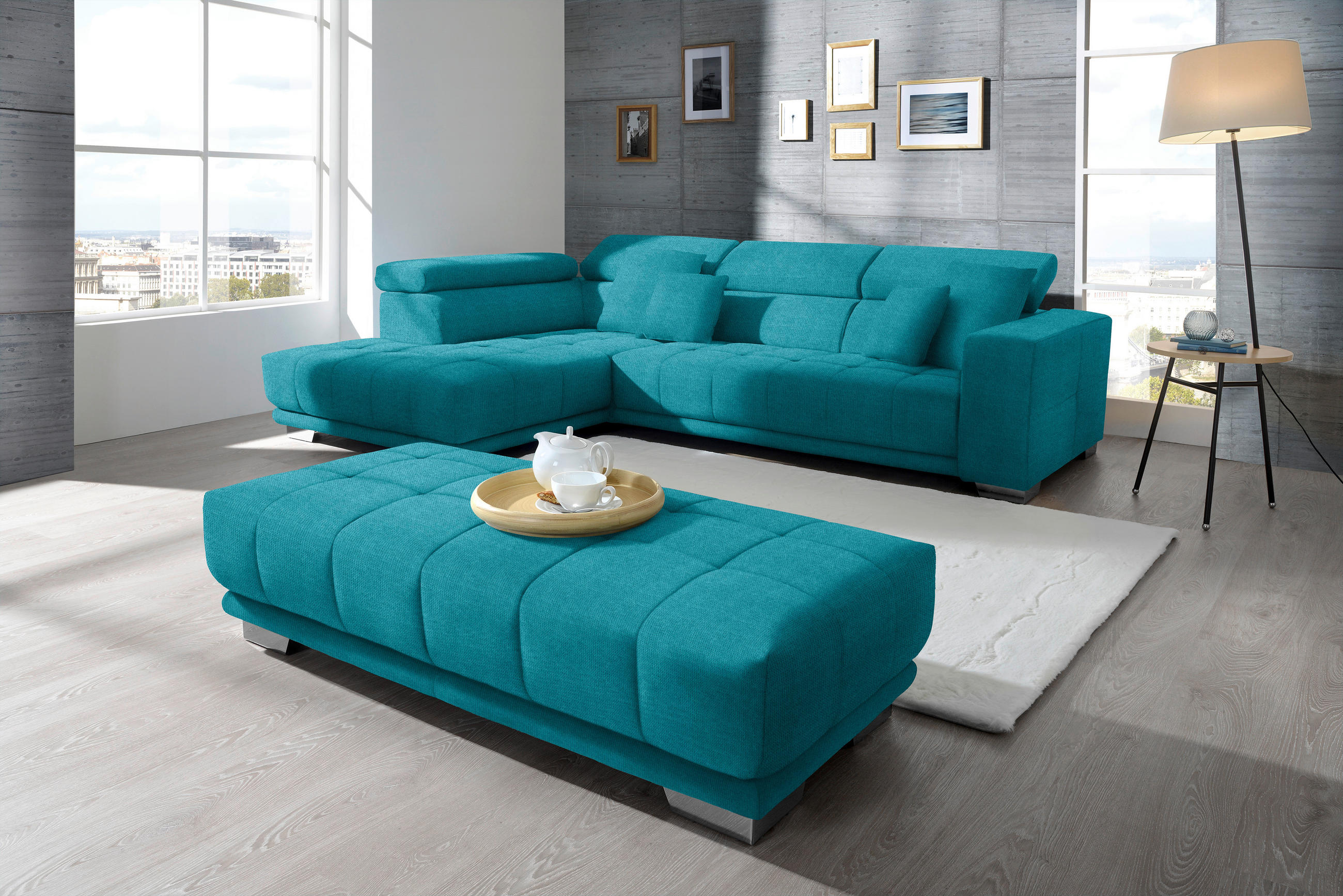 ECKSOFA in Mikrofaser Türkis  - Türkis/Chromfarben, Design, Textil/Metall (207/301cm) - Xora