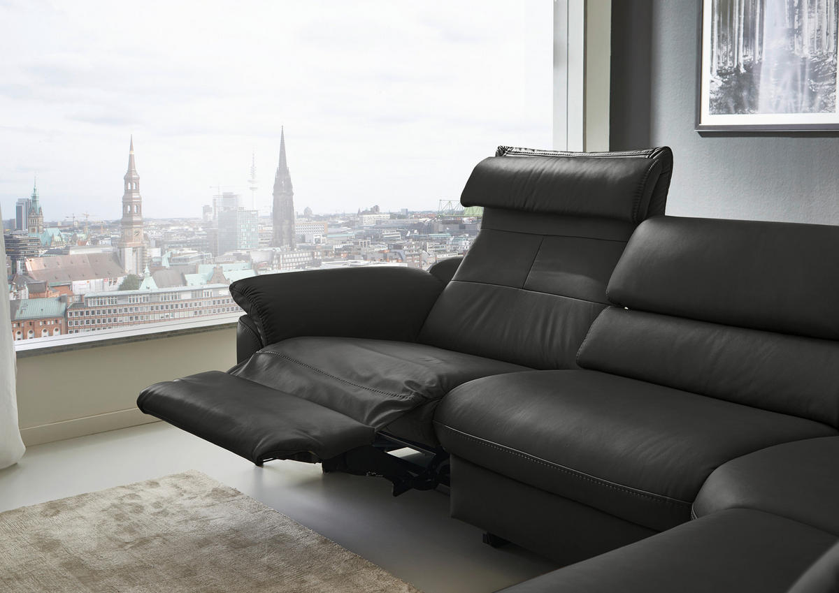 ECKSOFA Valdera Schwarz Echtleder  - Schwarz, Design, Leder/Metall (280/246cm) - Hukla