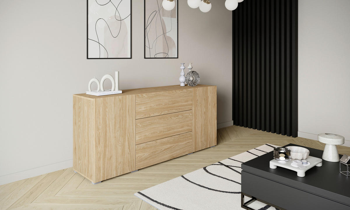 SIDEBOARD Berlin 150/68/38,5 cm 3 låda(or)  - grå/ekfärgad, Design, trämaterial/plast (150/68/38,5cm) - P & B