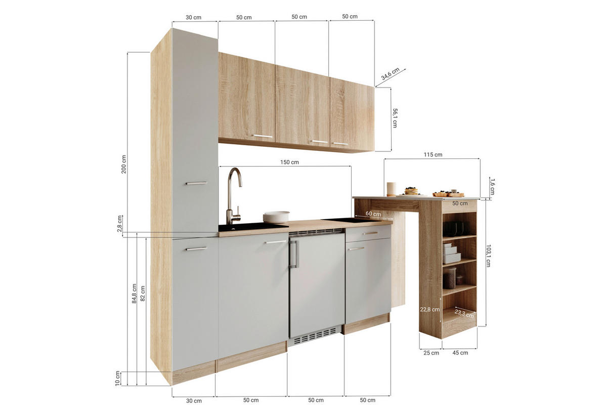 KUHINJSKI BLOK - črna/barve hrasta, Design, umetna masa/leseni material (180cm) - Respekta