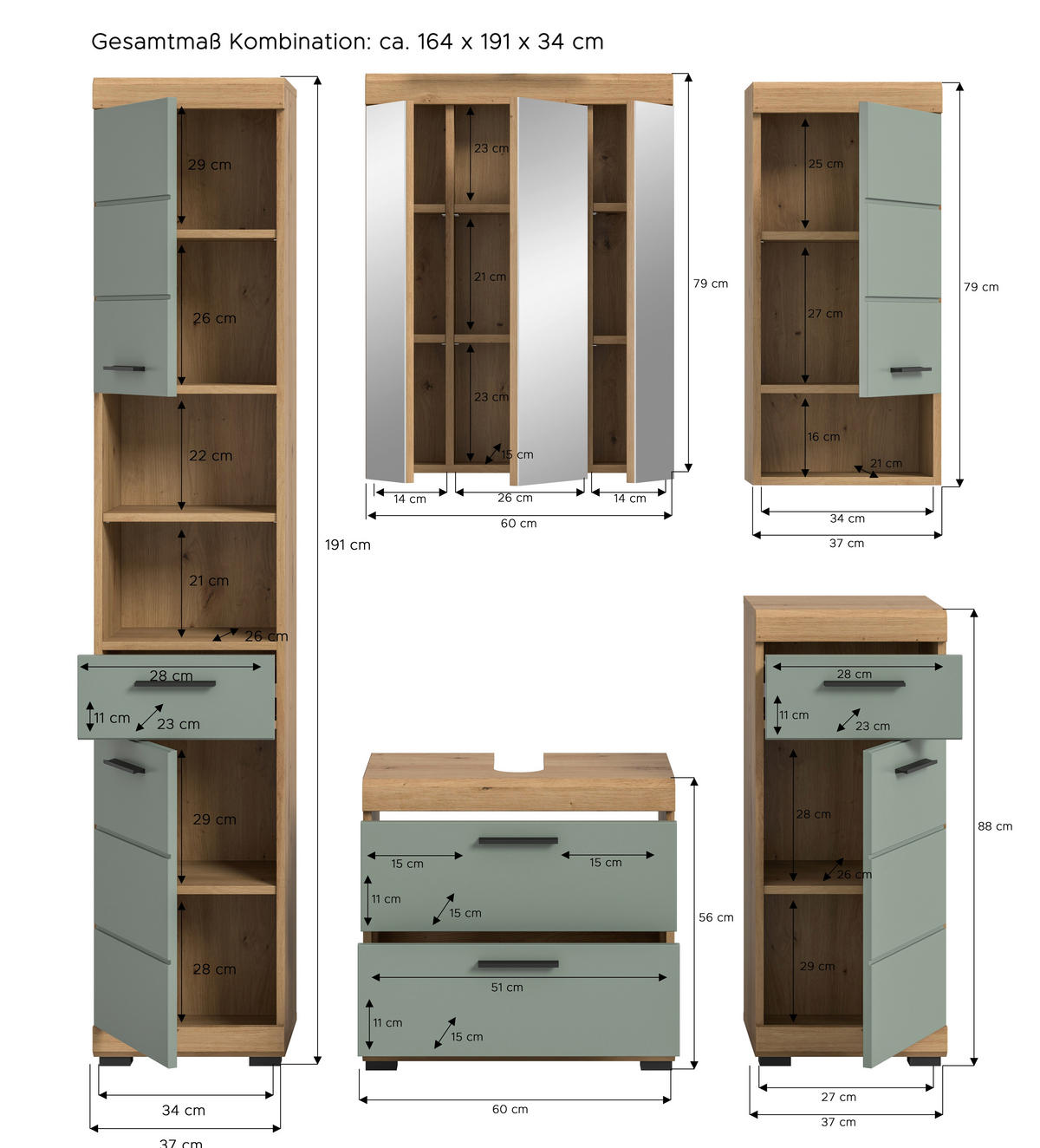 BADEZIMMER 5-teilig  in 134 cm  - Salbeigrün/Schwarz, MODERN, Holzwerkstoff/Kunststoff (134cm) - MID.YOU