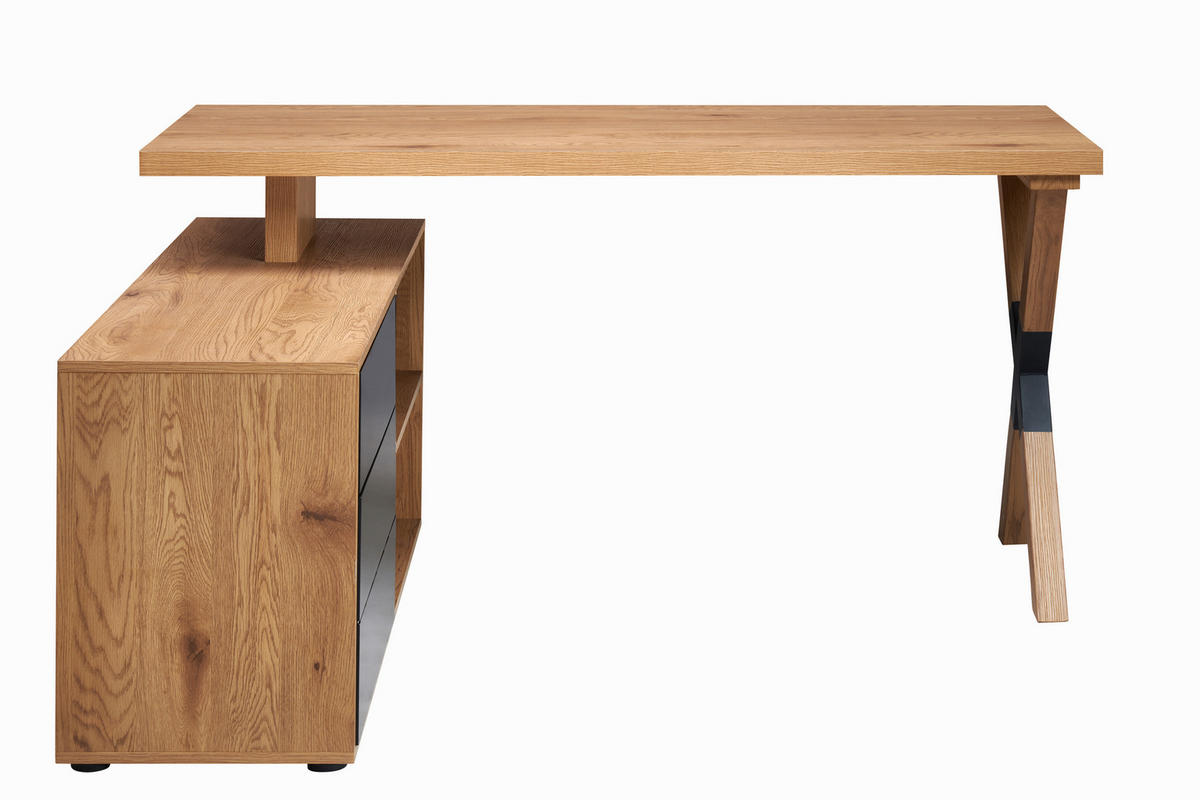 KOTNA PISALNA MIZA kovina, leseni material črna, barve hrasta  - črna/barve hrasta, Moderno, kovina/leseni material (150/75/120cm) - MID.YOU