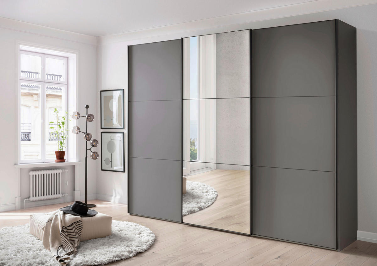 SCHWEBETÜRENSCHRANK 225/217/67 cm,  in Lavagrau, 3 Tür(en)  - Lavagrau/Schwarz, MODERN, Glas/Holzwerkstoff (225/217/67cm) - Chameo