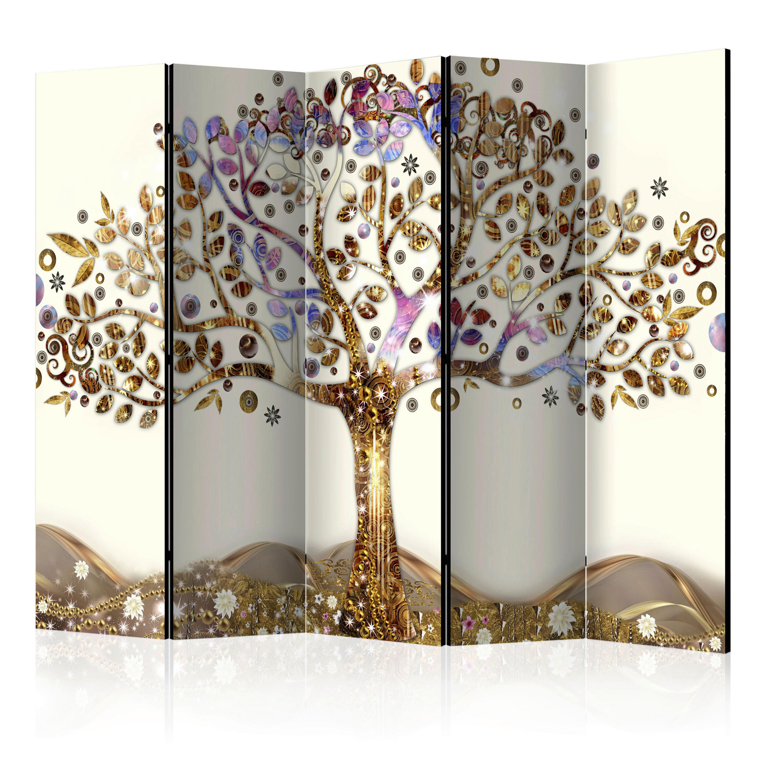 Paravent Golden Tree II mit 5  Flügel - Lila/Braun, Basics, Holz/Textil (225cm) - artgeist