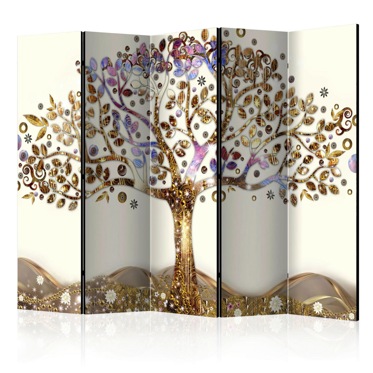 Paravent Golden Tree II mit 5  Flügel - Lila/Braun, Basics, Holz/Textil (225cm) - artgeist