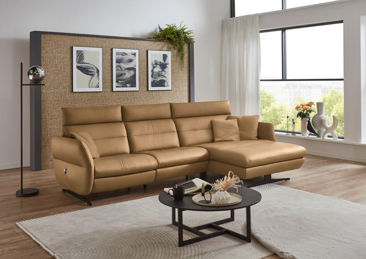 ECKSOFA in Echtleder Honig  - Schwarz/Honig, Design, Leder/Metall (300/157cm) - Dieter Knoll