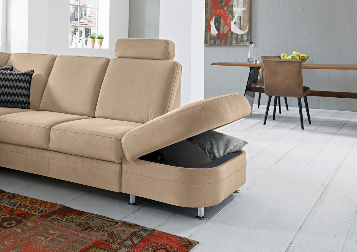 ECKSOFA in Flachgewebe Hellbraun  - Hellbraun/Alufarben, Konventionell, Textil/Metall (269/289cm) - Beldomo System