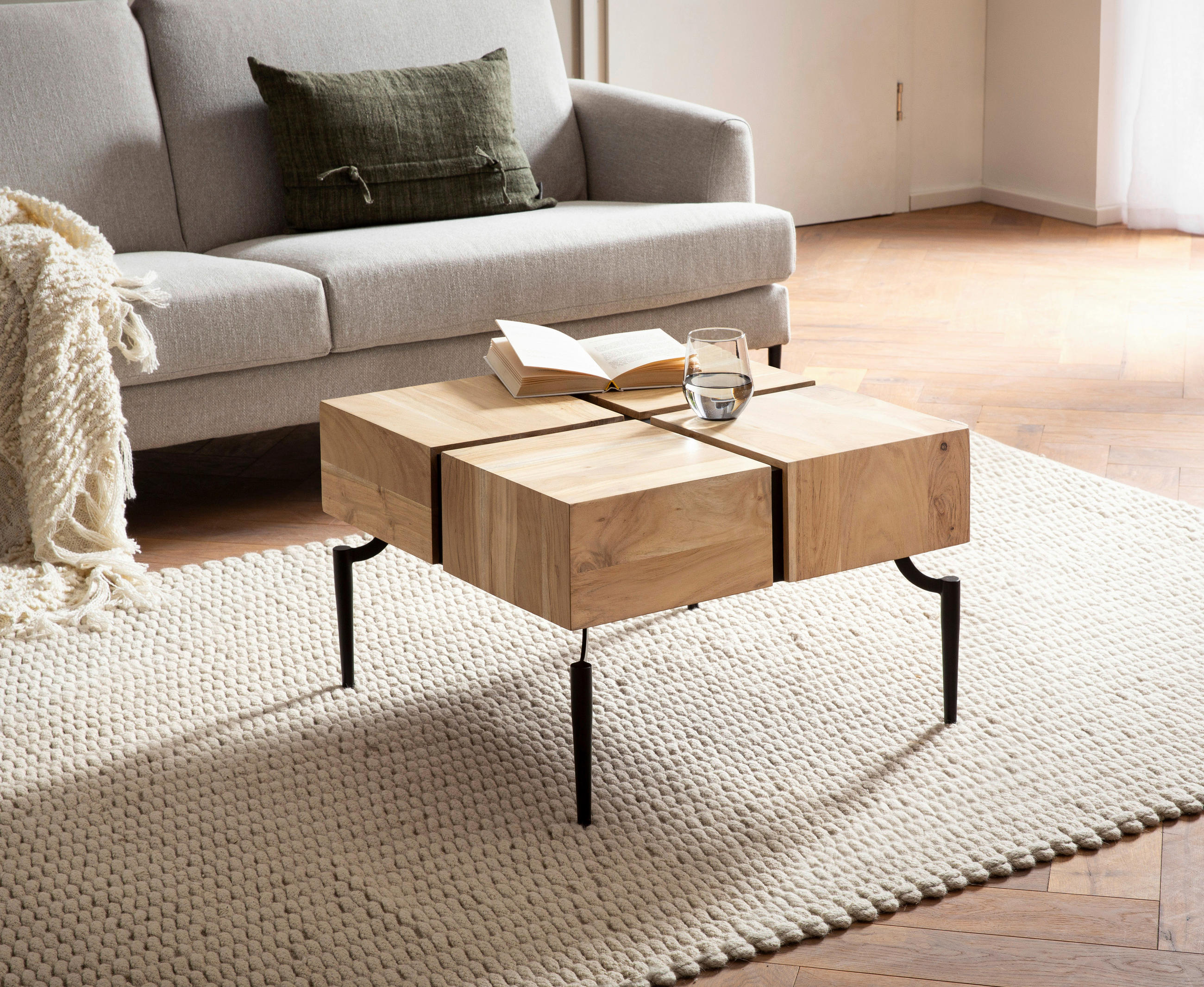 COUCHTISCH Akazie massiv 60/60/40 cm quadratisch Akaziefarben  - Schwarz/Akaziefarben, Design, Holz/Metall (60/60/40cm) - Livetastic