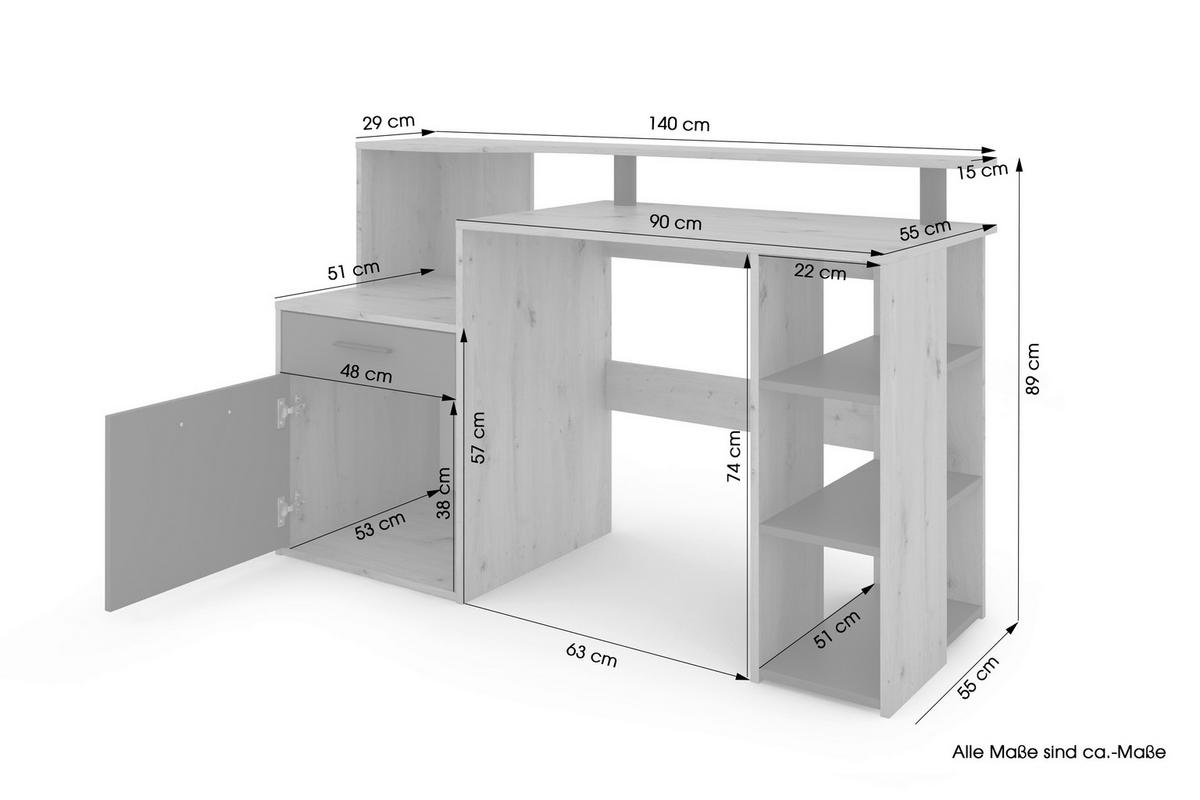 SCHREIBTISCH 140/55/89 cm  in Anthrazit, Eiche Artisan  - Anthrazit/Schwarz, MODERN, Holzwerkstoff/Kunststoff (140/55/89cm) - MID.YOU
