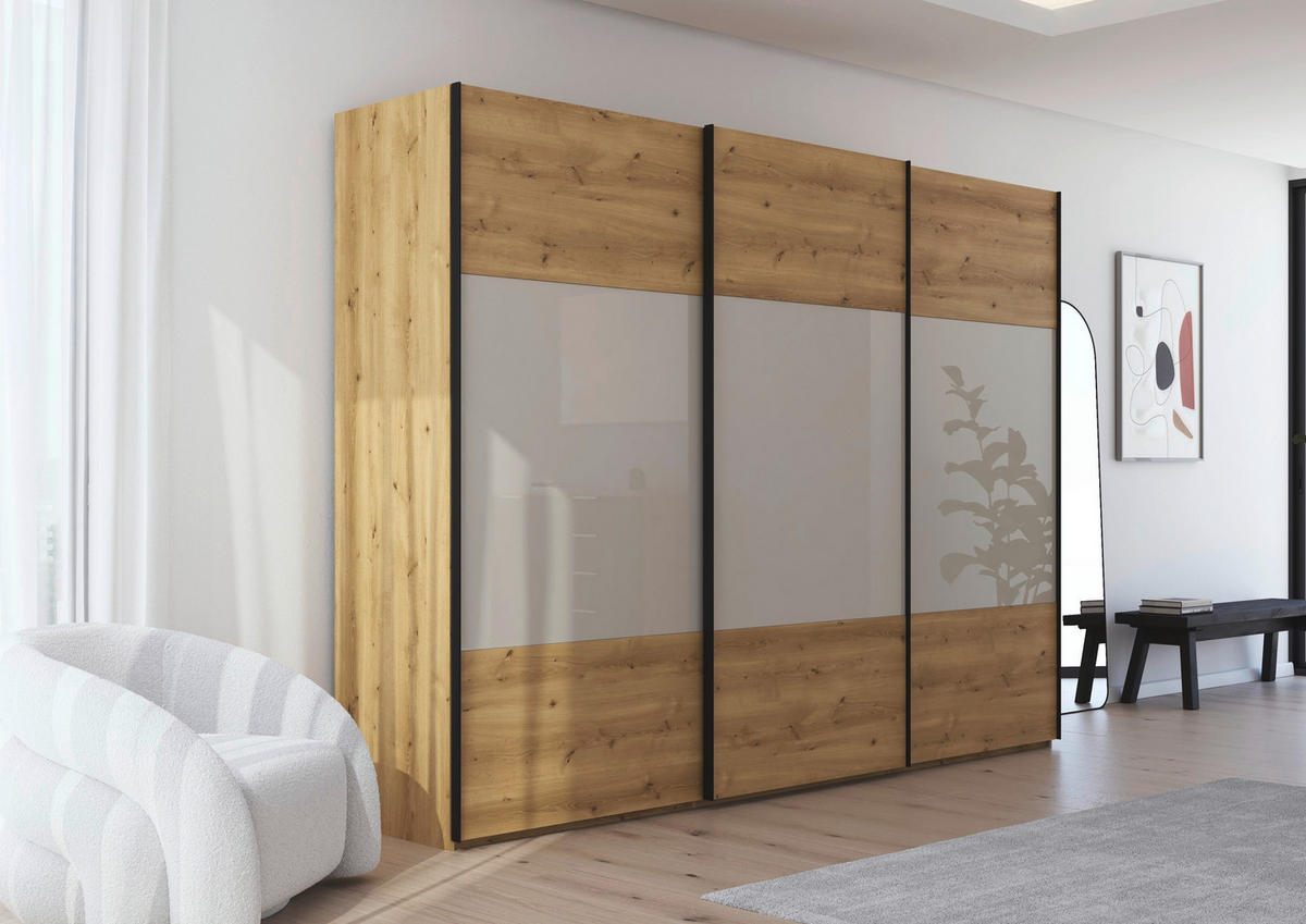 SCHWEBETÜRENSCHRANK 300/223/68 cm,  in Eichefarben, Champagner, 3 Tür(en)  - Champagner/Eichefarben, Design, Glas/Holz (300/223/68cm) - Novel