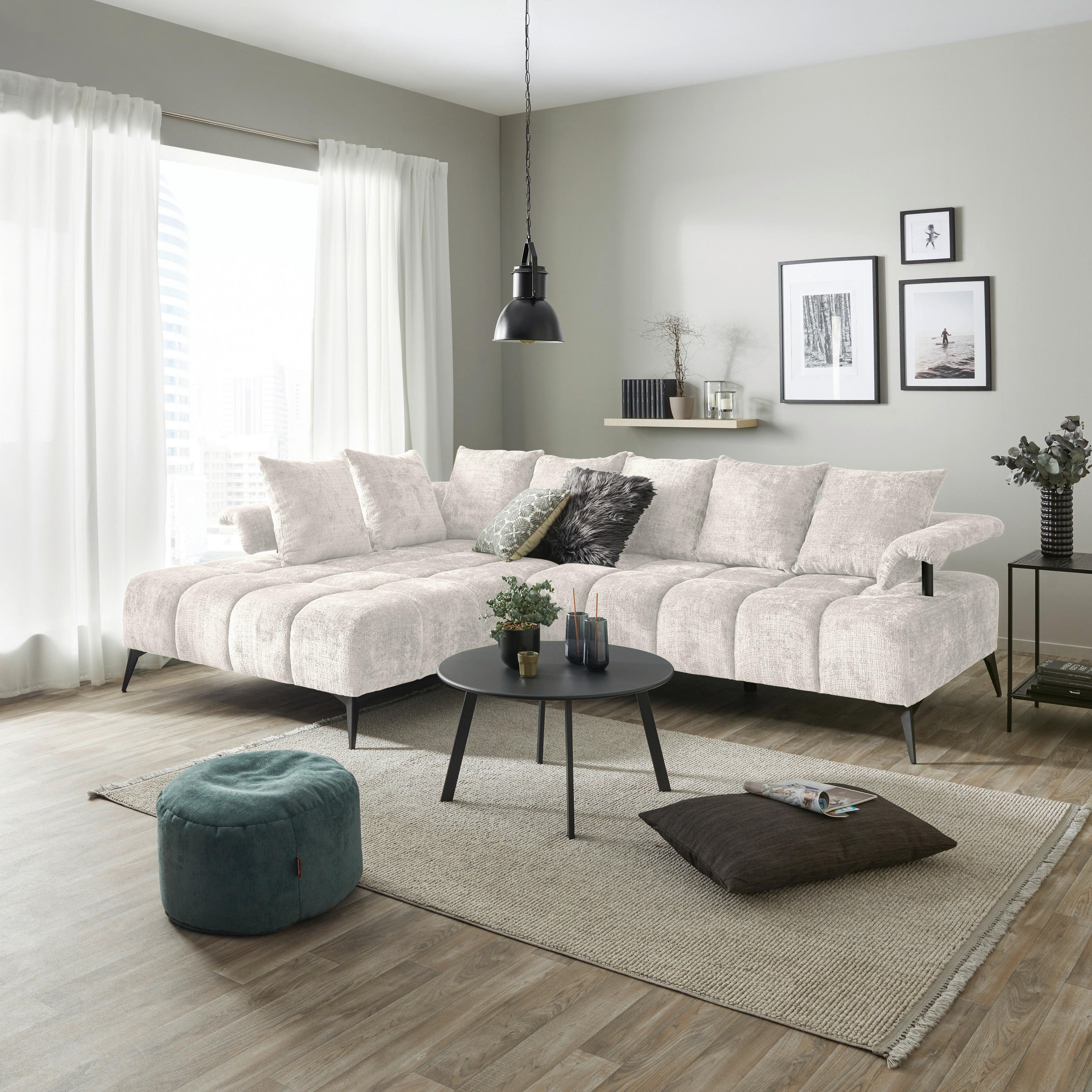 ECKSOFA in Flachgewebe Beige  - Beige/Schwarz, Modern, Kunststoff/Textil (200/297cm) - Livetastic