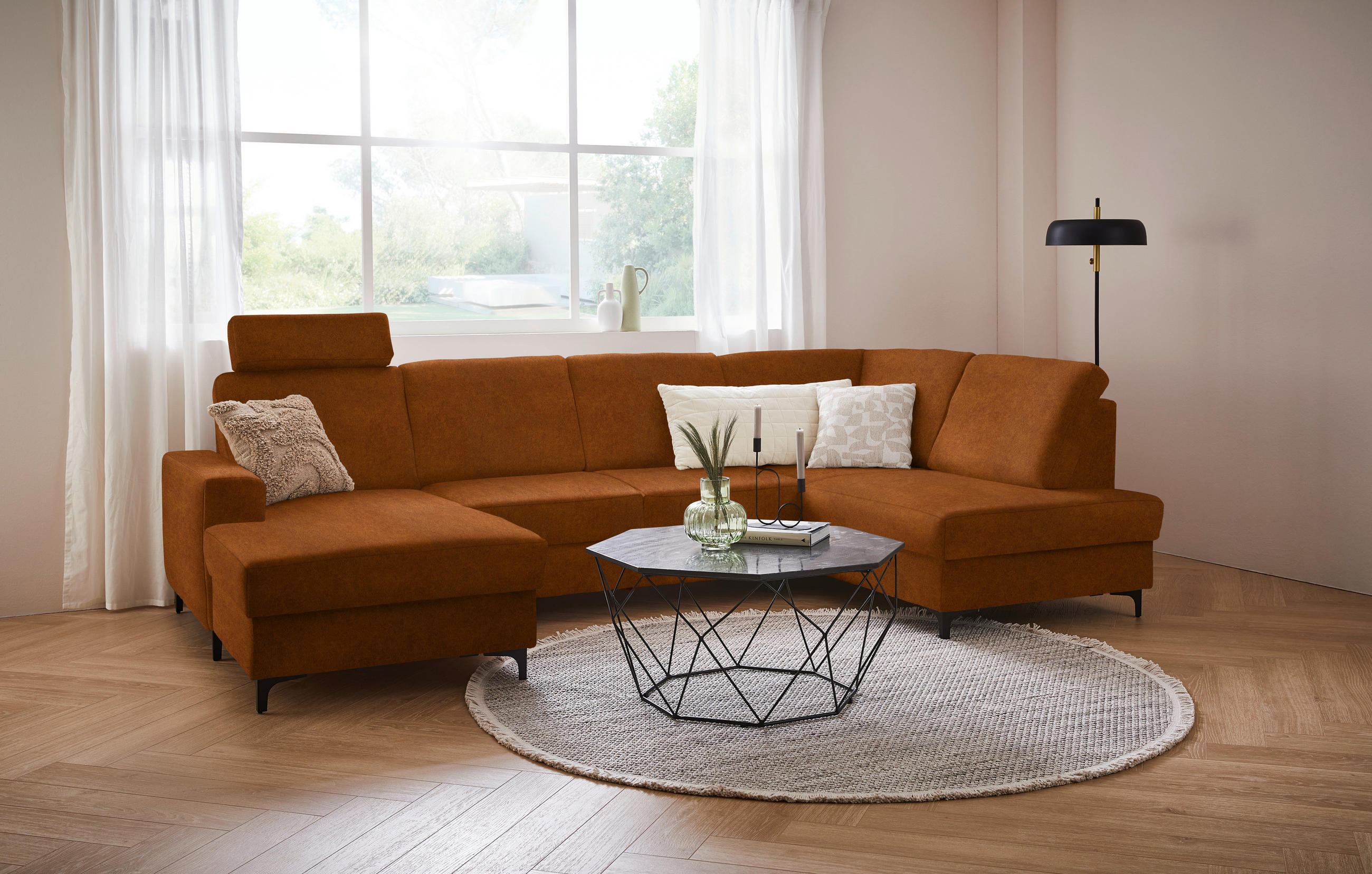 WOHNLANDSCHAFT in Flachgewebe Cognac  - Cognac/Schwarz, Konventionell, Textil/Metall (167/317/185cm) - Stylife