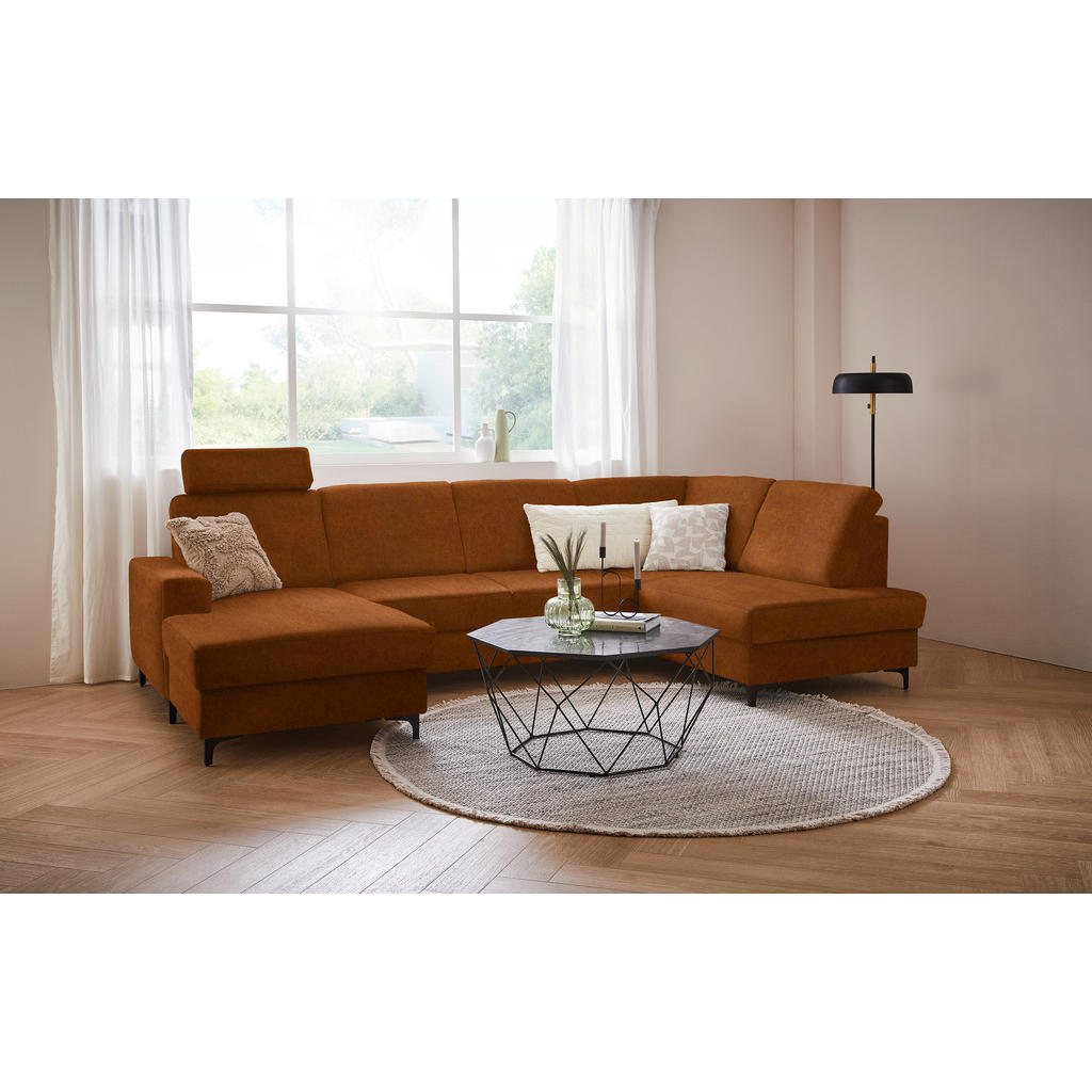 Thumbnail - Stylife Wohnlandschaft, Cognac, Textil, 4-Sitzer, Ottomane rechts, U-Form, 317x185 cm, Made in EU, Rücken echt, Wohnzimm...