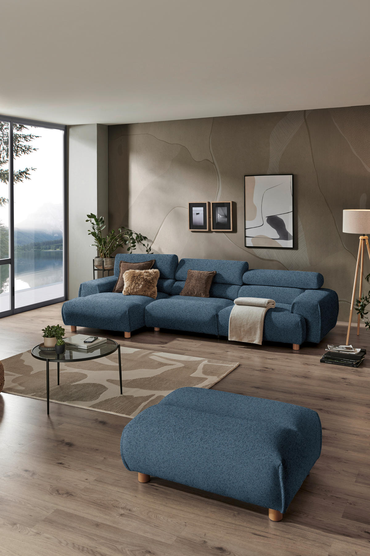 ECKSOFA  in Velours Dunkelblau  150/329 cm  - Dunkelblau, Natur, Holz/Textil (150/329cm) - Lomoco