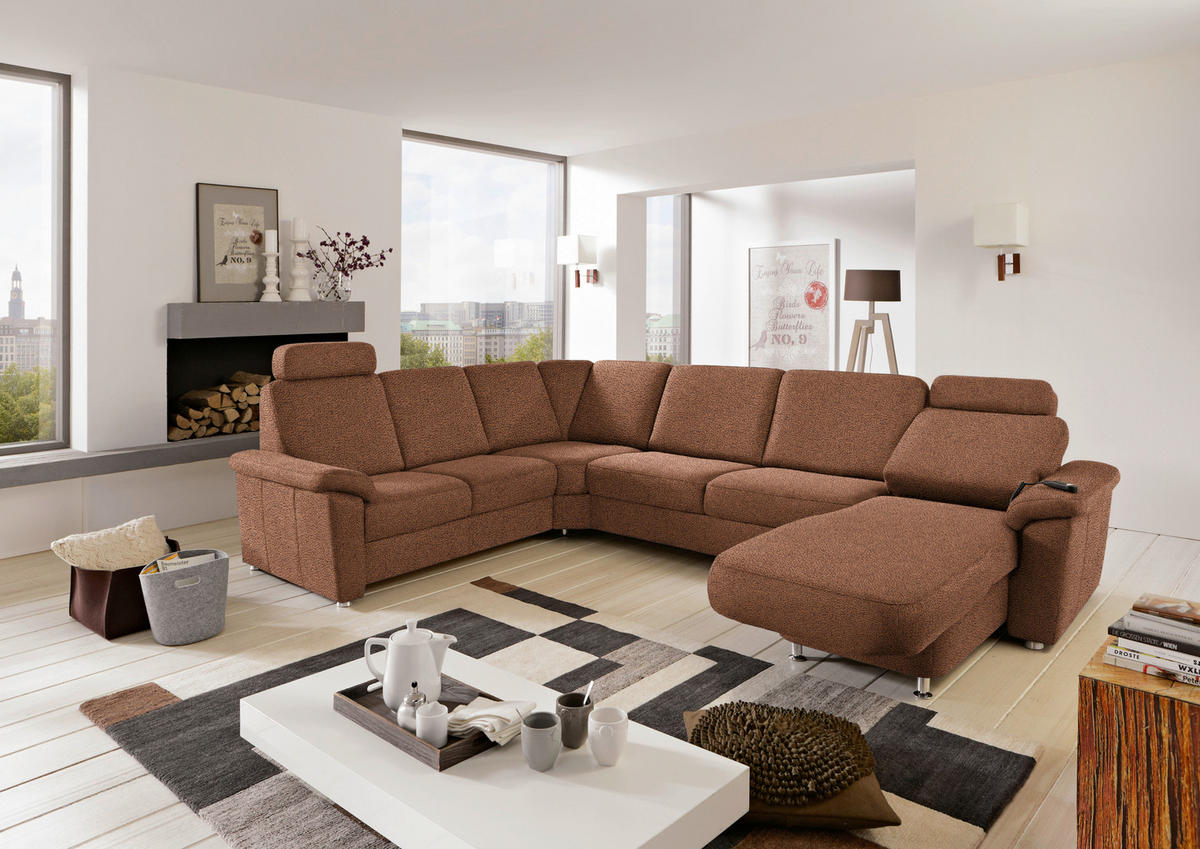 WOHNLANDSCHAFT Braun Flachgewebe  - Chromfarben/Braun, KONVENTIONELL, Textil/Metall (240/330/163cm) - Beldomo System