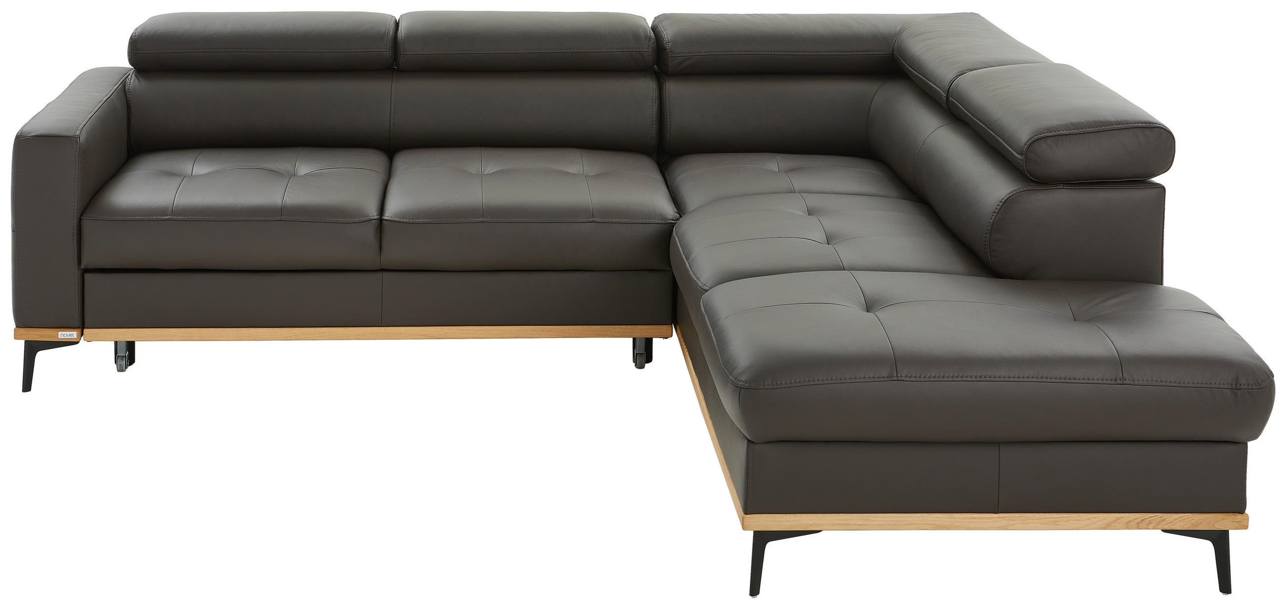 ECKSOFA Dunkelbraun Echtleder  - Dunkelbraun/Schwarz, Design, Leder/Holz (252/220cm) - Novel