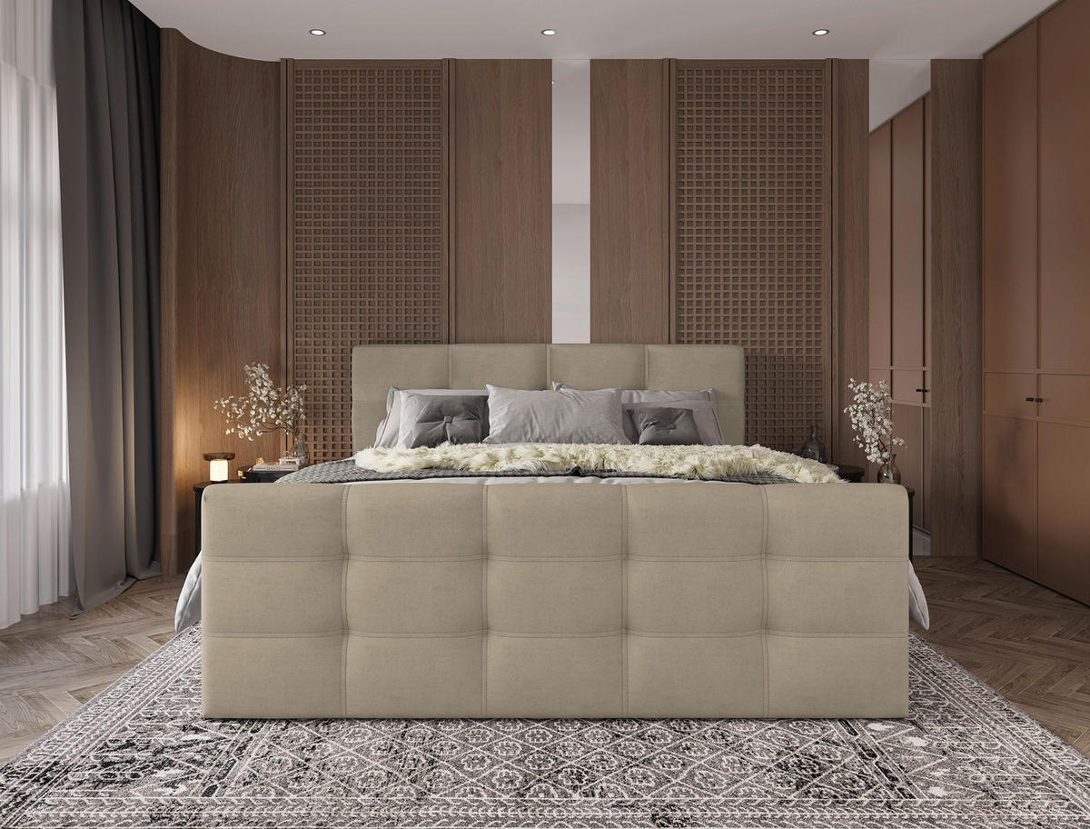 BOXBETT 180/200 cm,  in Beige, gepolstertes Kopfteil, Bettkasten, Topper, Matratzen, Wendematratze mit unterschiedlichen Härtegraden, H2 + H3 = mittel + fest  - Beige/Schwarz, Basics, Kunststoff/Textil (180/200cm) - Chameo