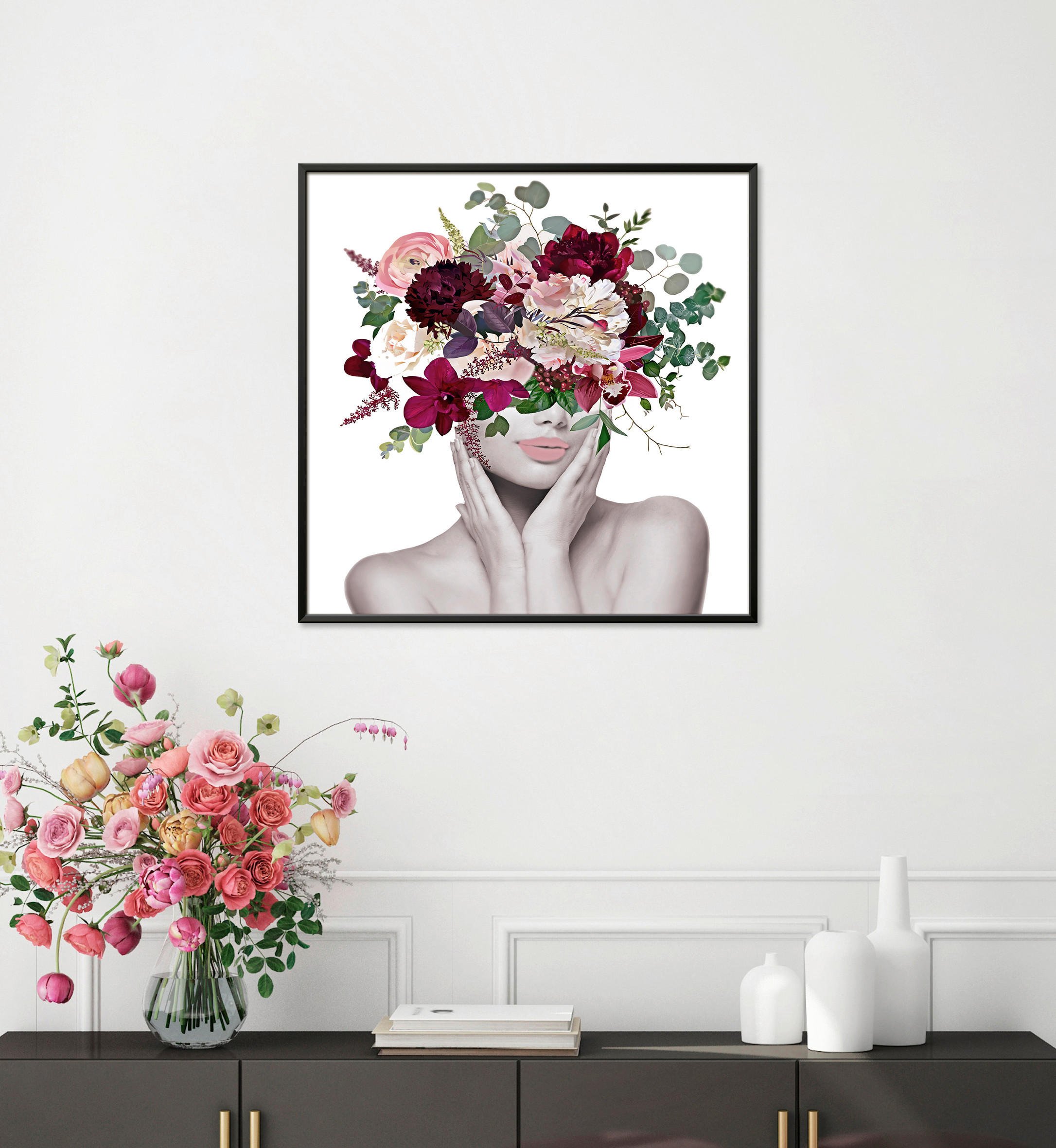 KUNSTDRUCK Blumen, Frauen 50/50 cm  - Bordeaux/Rosa, Basics, Papier (50/50cm) - Monee