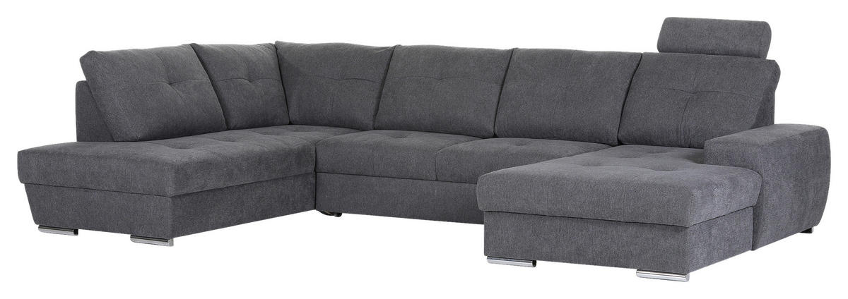 WOHNLANDSCHAFT Dunkelgrau Flachgewebe  - Chromfarben/Dunkelgrau, KONVENTIONELL, Kunststoff/Textil (217/338/180cm) - Hom`in