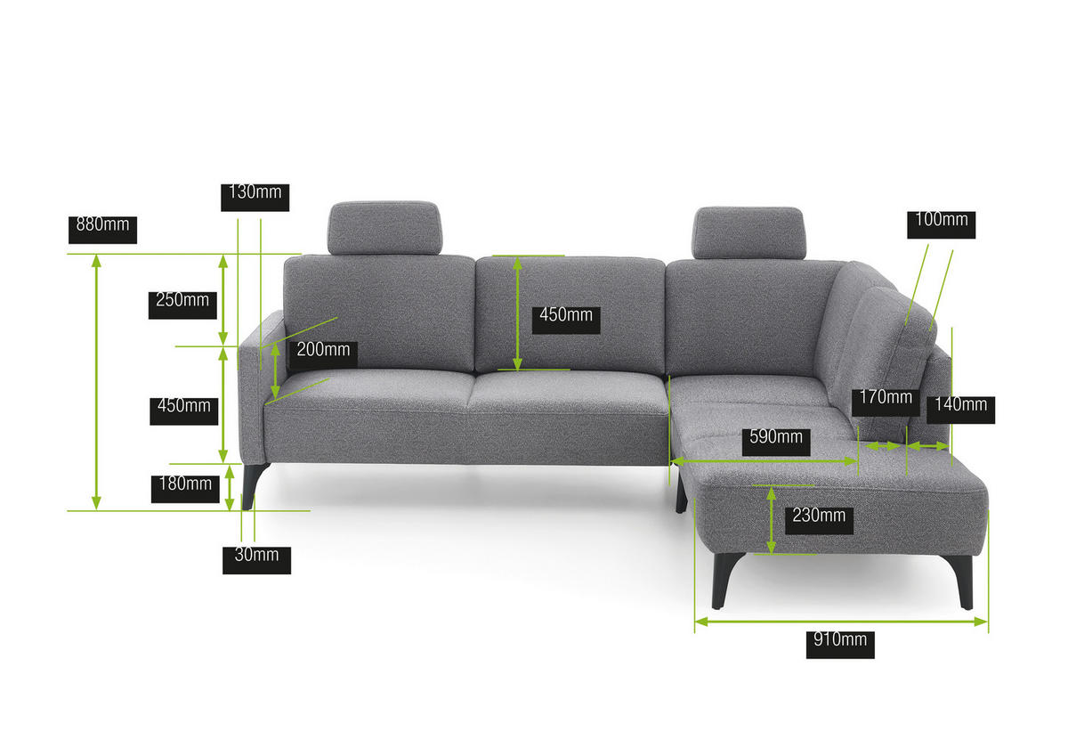 ECKSOFA Grau Flachgewebe  - Schwarz/Grau, KONVENTIONELL, Textil/Metall (255/218cm) - Elegando