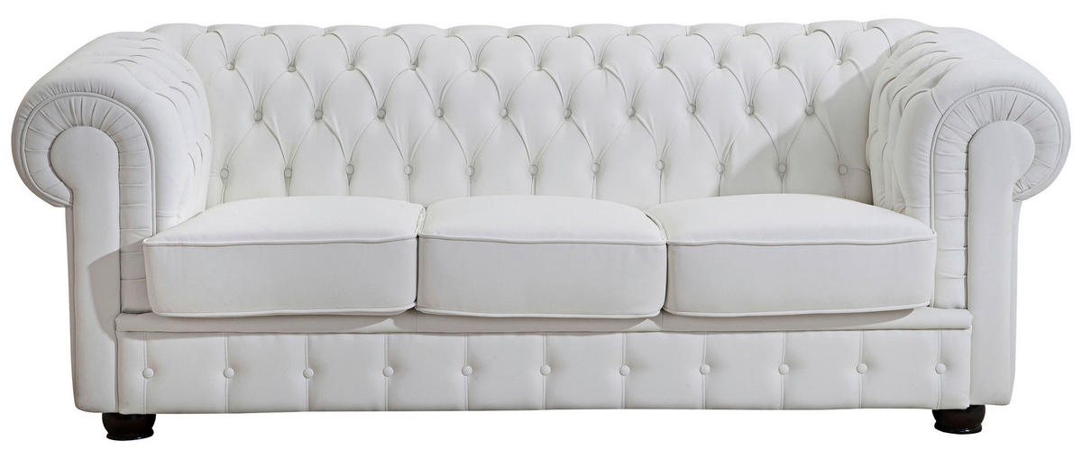 CHESTERFIELD-DREISITZER-SOFA Weiß Echtleder  - Nussbaumfarben/Weiß, Design, Leder/Holz (200/76/98cm) - Max Winzer