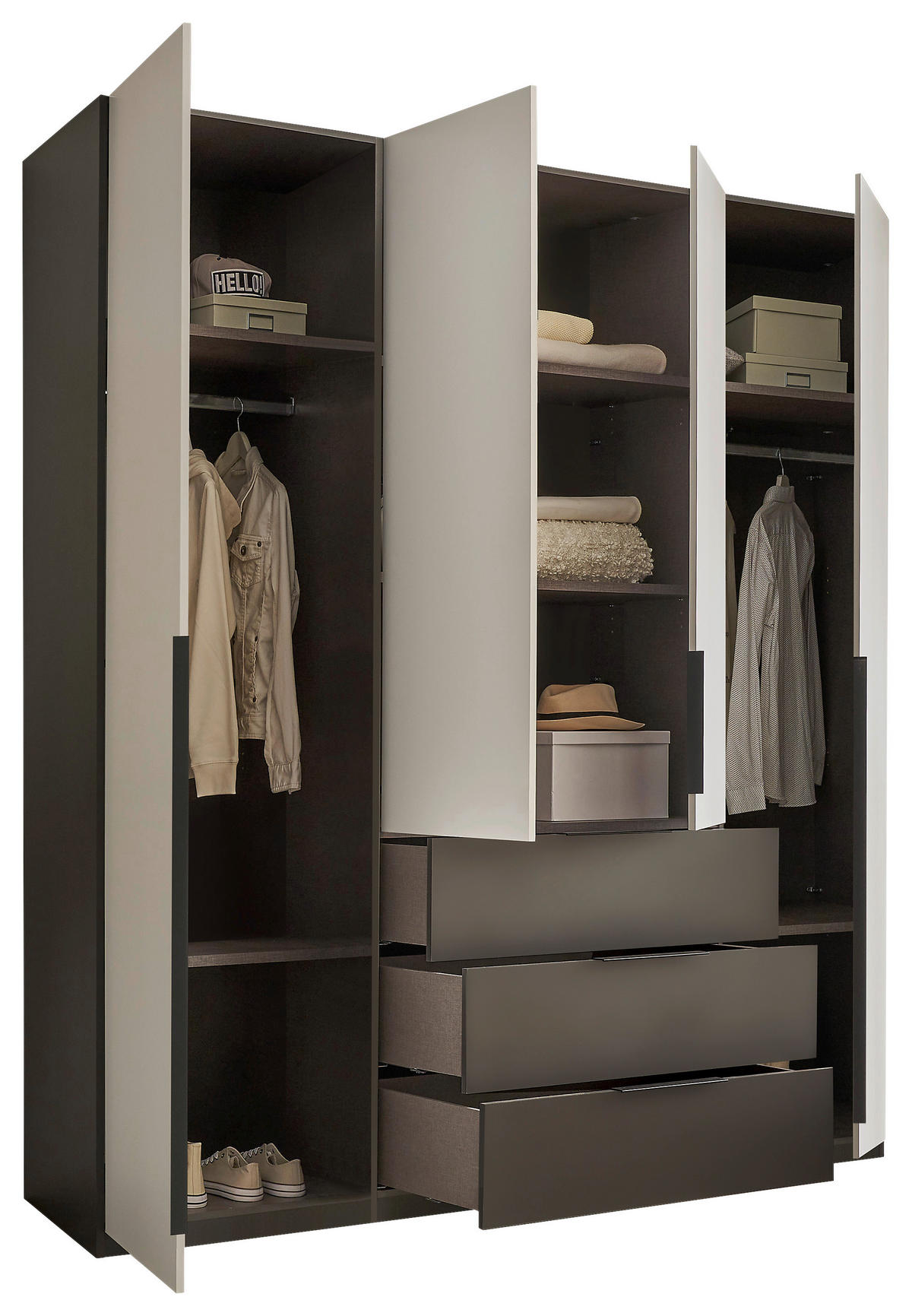 DREHTÜRENSCHRANK 200,5/225,5/60 cm,  in Graphitfarben, Hellgrau, 4-türig  - Hellgrau/Schwarz, MODERN, Holzwerkstoff/Kunststoff (200,5/225,5/60cm) - MID.YOU