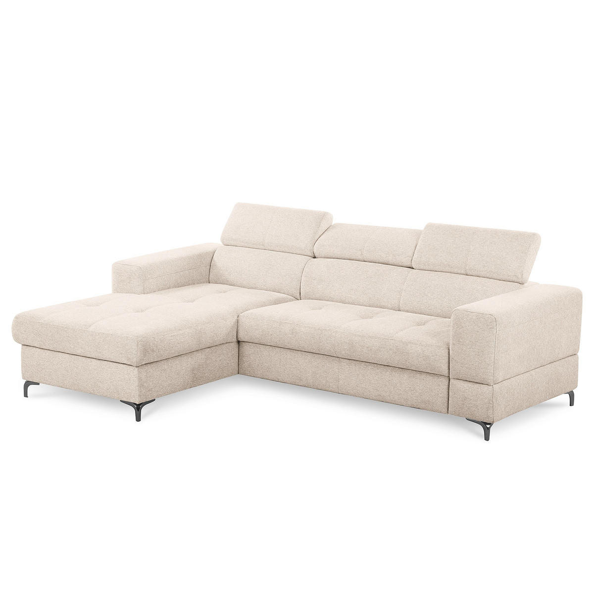 ECKSOFA TORINO Beige Chenille Bettkasten, Kopfteilverstellung  - Beige/Schwarzchrom, Design, Textil/Metall (173/247cm) - Livetastic